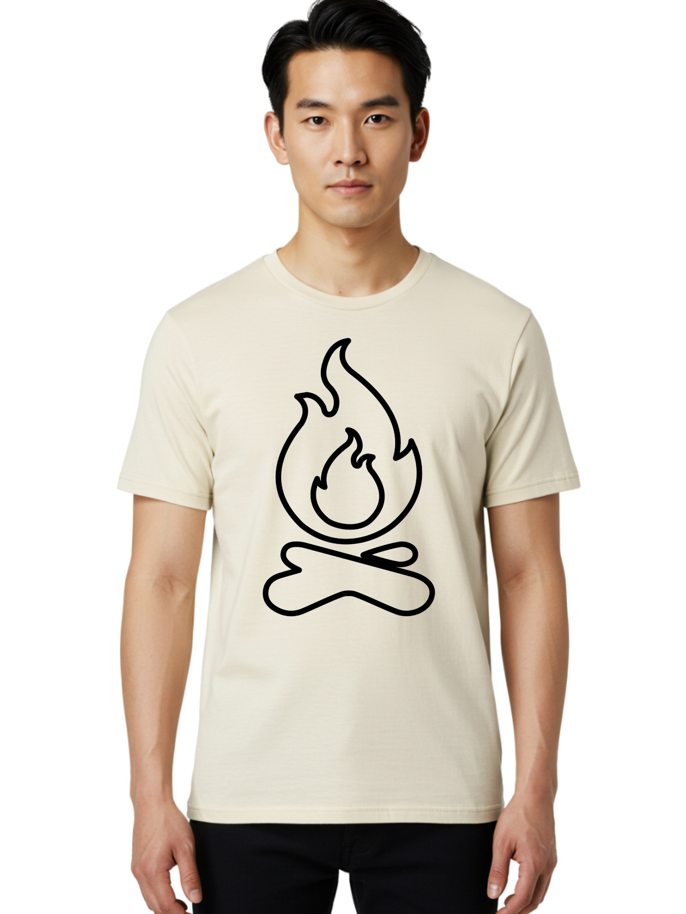 simple line art, camp fire icon, minimalist design, black outline, flame symbol, outdoor adventure, camping theme, warm ambiance, graphic illustration