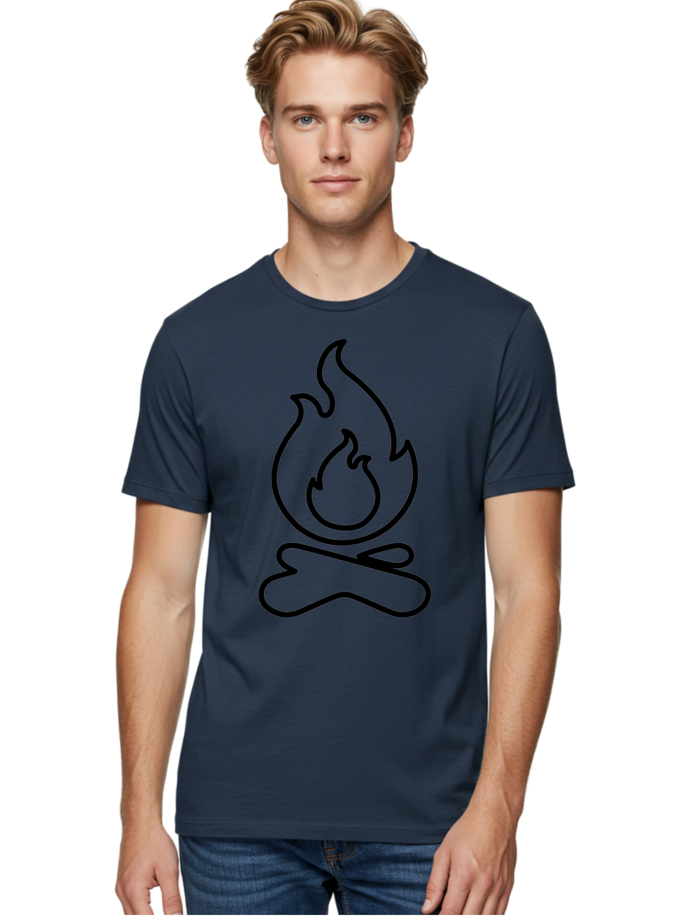 simple line art, camp fire icon, minimalist design, black outline, flame symbol, outdoor adventure, camping theme, warm ambiance, graphic illustration