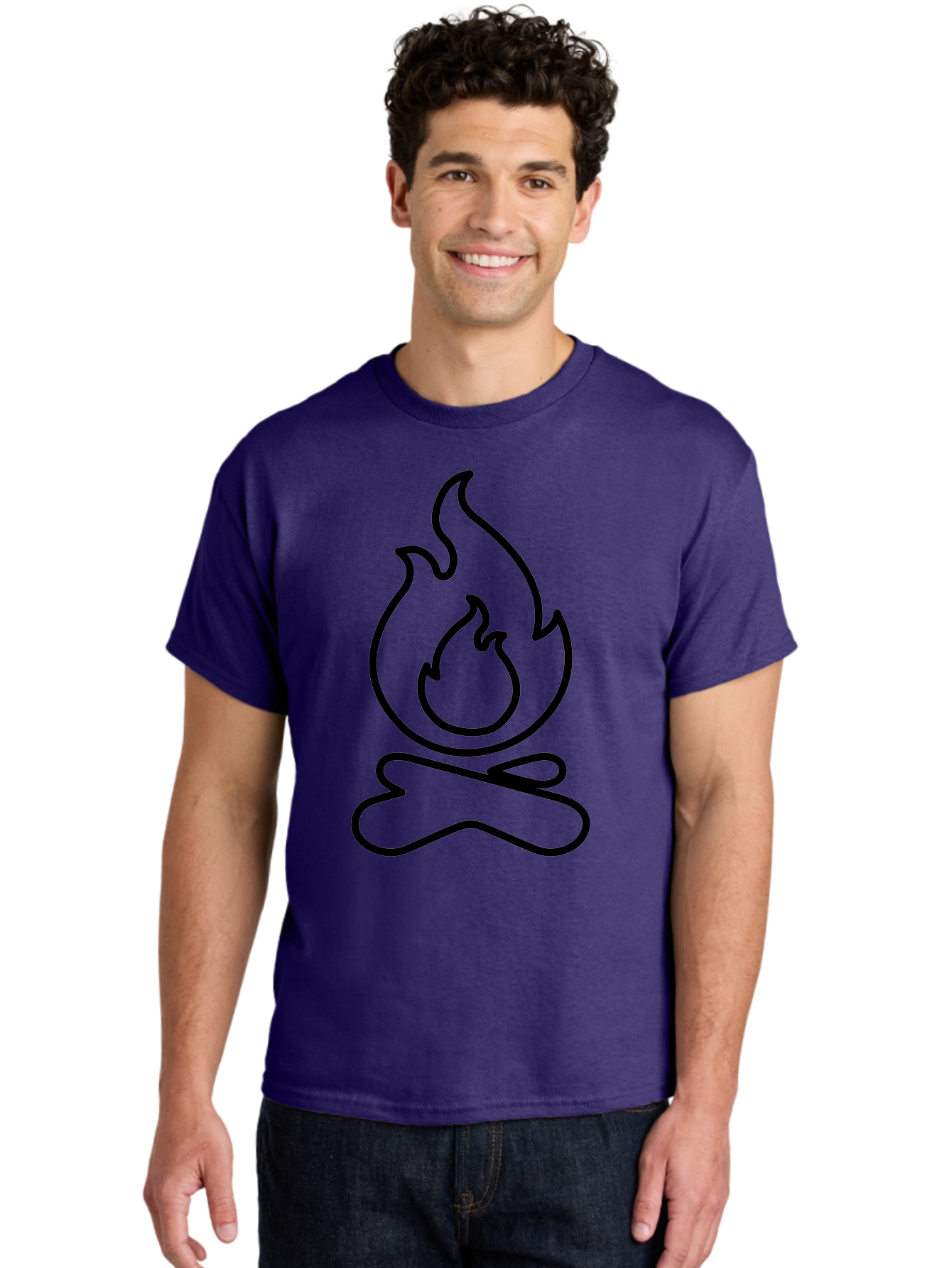simple line art, camp fire icon, minimalist design, black outline, flame symbol, outdoor adventure, camping theme, warm ambiance, graphic illustration