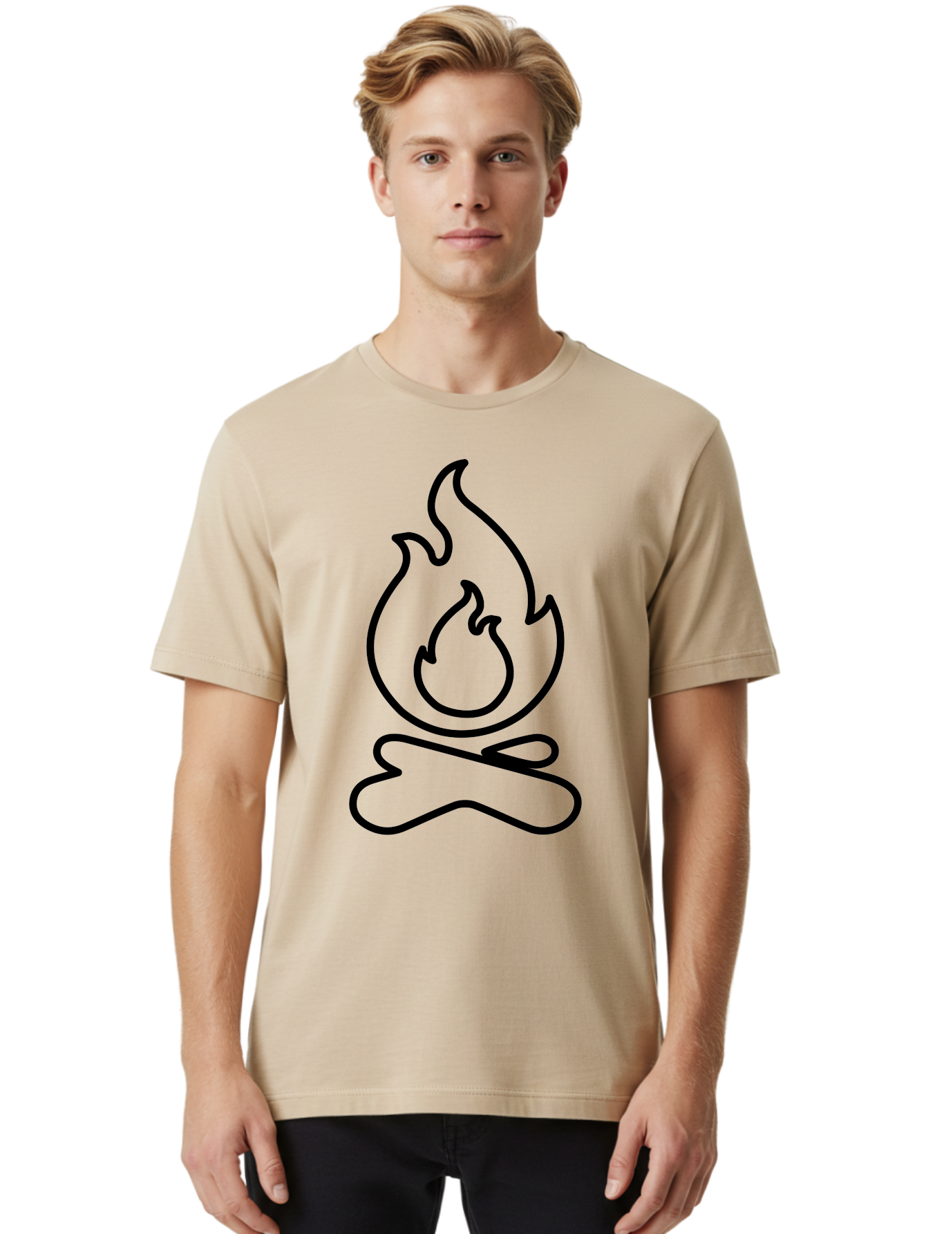 simple line art, camp fire icon, minimalist design, black outline, flame symbol, outdoor adventure, camping theme, warm ambiance, graphic illustration