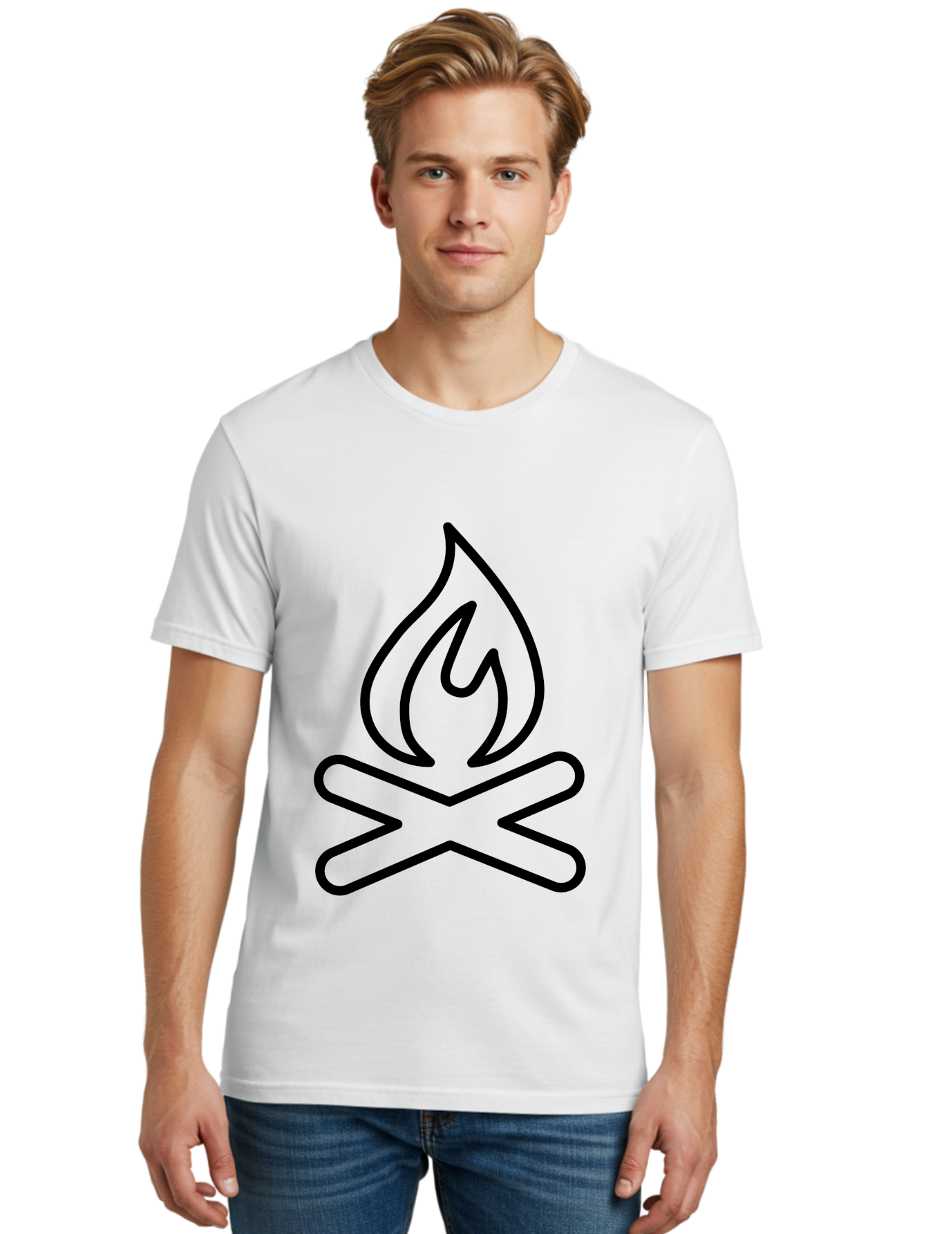 Campfire Men'S Graphic Tee, 100% Cotton, Comfortable Casual Summer Wear, Machine Washable, Campfire Icon, Campfire, Black Outline, Flames, Campfire Graphics, Simple Illustration, Minimalist Design, Outdoor Symbol, Camping Emblem, Fire Pit - Aaa165