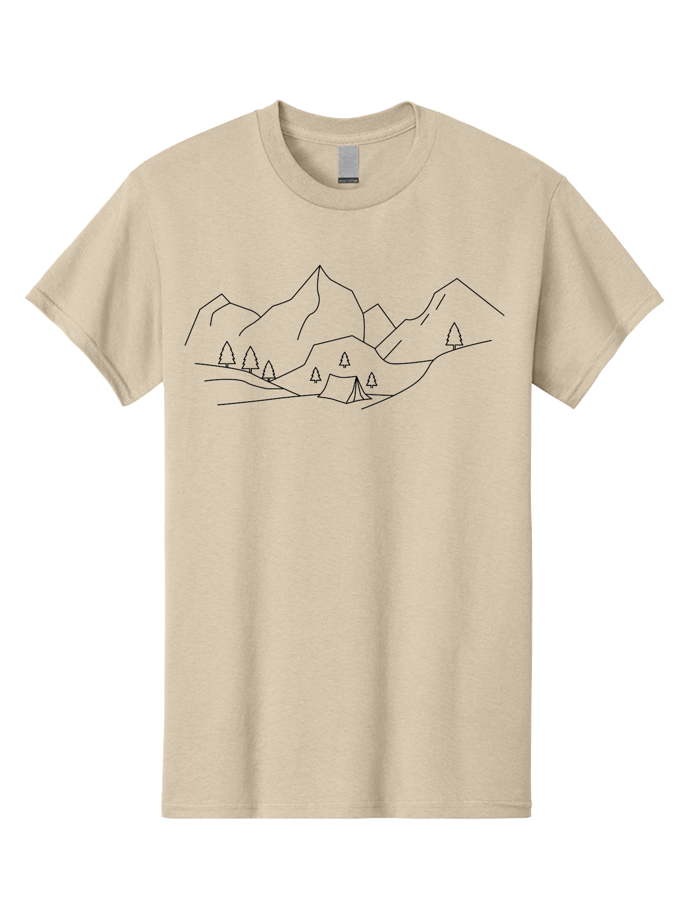 Camping-In-Mountains Men'S Graphic Tee, 100% Cotton, Comfortable Casual Summer Wear, Machine Washable, Mountain Range, Camping Site, Wilderness Adventure, Outdoor Recreation, Scenic Landscape, Minimalist Design, Simple Illustration, - Aaa167