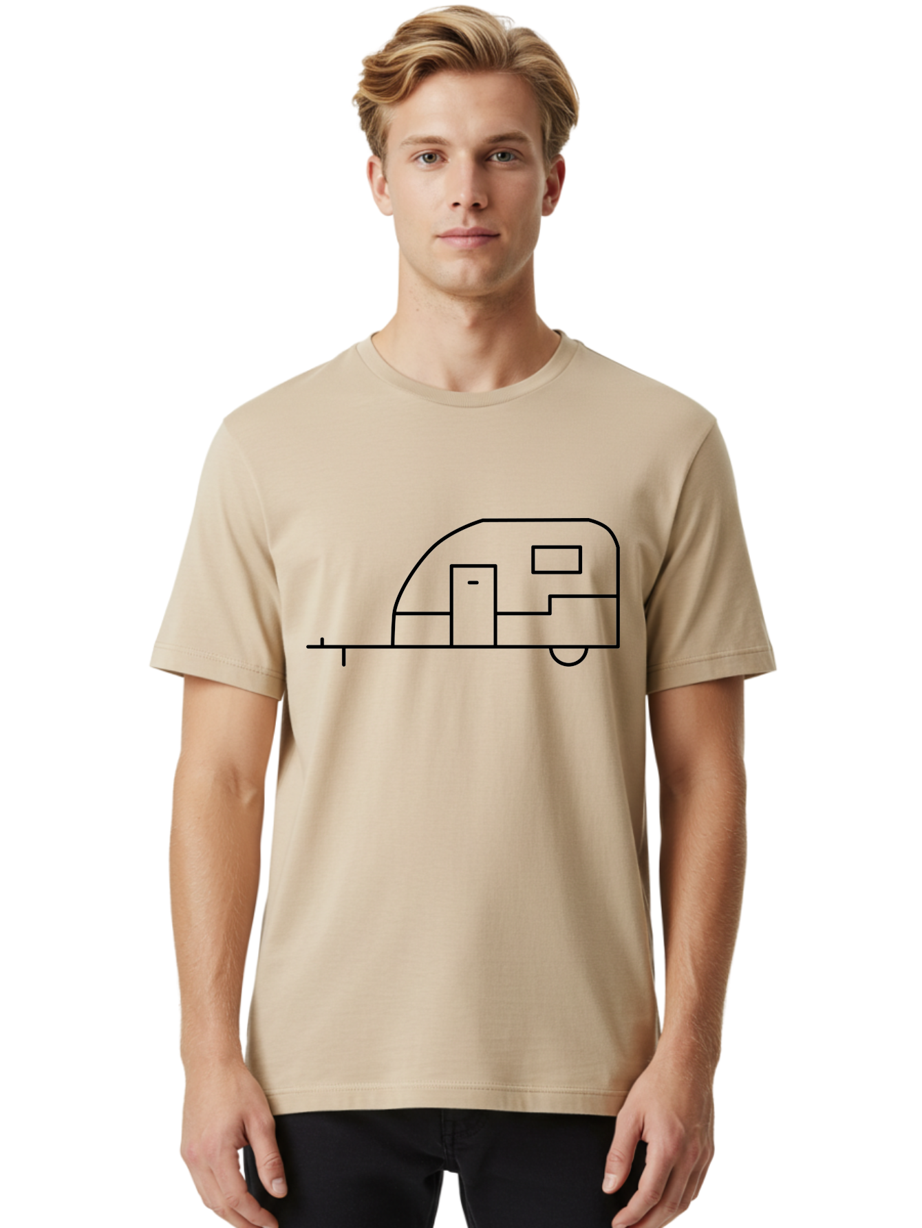Caravan Men'S Graphic Tee, 100% Cotton, Comfortable Casual Summer Wear, Machine Washable, Simple Caravan Design, Minimalist Trailer Illustration, Modern Camping Icon, Graphic Adventure Symbol, Outdoor Recreation, Rv Travel - Aaa168