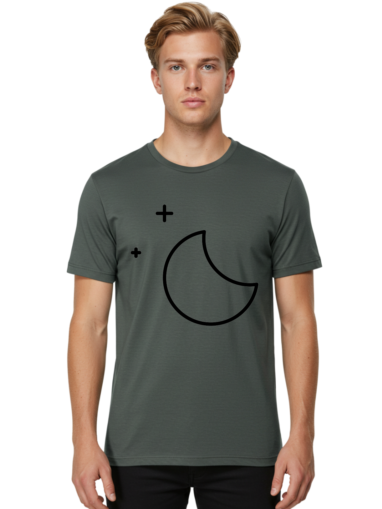 Crescent-Moon-And-Plus-Signs Men'S Graphic Tee, 100% Cotton, Comfortable Casual Summer Wear, Machine Washable, Crescent Moon Shape, Plus Signs, Minimalist Design, Simple Graphics, Lunar Symbol, Celestial Body, Moon Phase, Astrology, - Aaa180