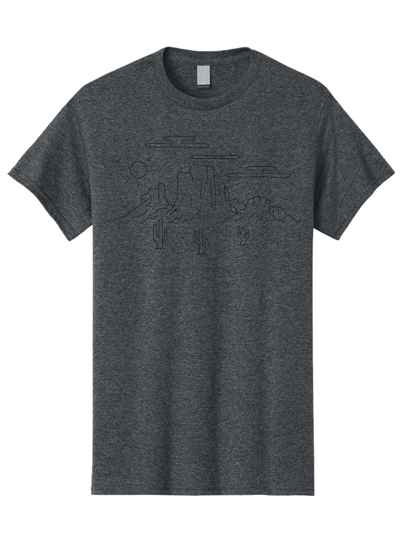 Desert-Landscape Men'S Graphic Tee, 100% Cotton, Comfortable Casual Summer Wear, Machine Washable, Desert Scene, Rocky Mountains, Cacti, Sun, Clouds, Minimalist Design, Simple Shapes, Black Outline, Serene Atmosphere, Southwest Landscape - Aaa184