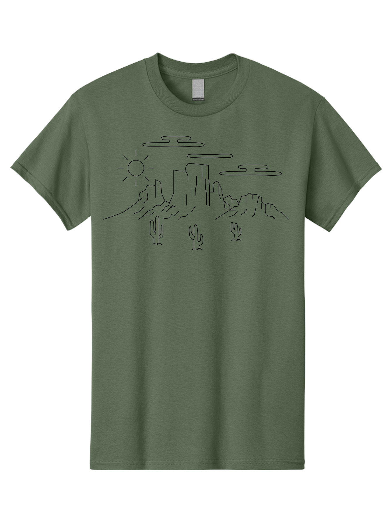 Desert-Landscape Men'S Graphic Tee, 100% Cotton, Comfortable Casual Summer Wear, Machine Washable, Desert Scene, Rocky Mountains, Cacti, Sun, Clouds, Minimalist Design, Simple Shapes, Black Outline, Serene Atmosphere, Southwest Landscape - Aaa184