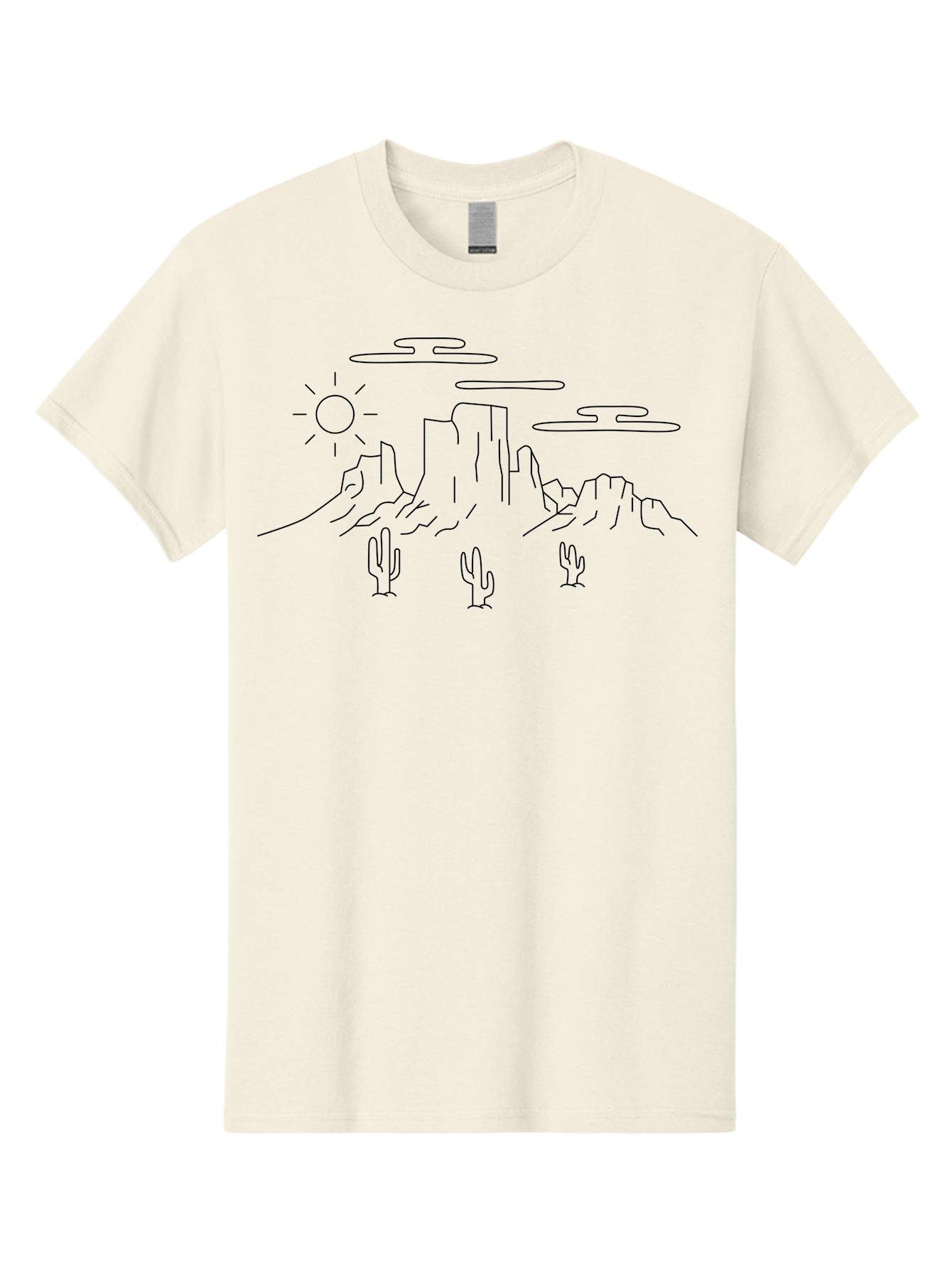 Desert-Landscape Men'S Graphic Tee, 100% Cotton, Comfortable Casual Summer Wear, Machine Washable, Desert Scene, Rocky Mountains, Cacti, Sun, Clouds, Minimalist Design, Simple Shapes, Black Outline, Serene Atmosphere, Southwest Landscape - Aaa184