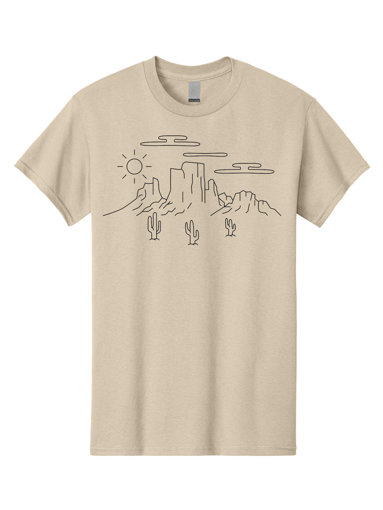 Desert-Landscape Men'S Graphic Tee, 100% Cotton, Comfortable Casual Summer Wear, Machine Washable, Desert Scene, Rocky Mountains, Cacti, Sun, Clouds, Minimalist Design, Simple Shapes, Black Outline, Serene Atmosphere, Southwest Landscape - Aaa184
