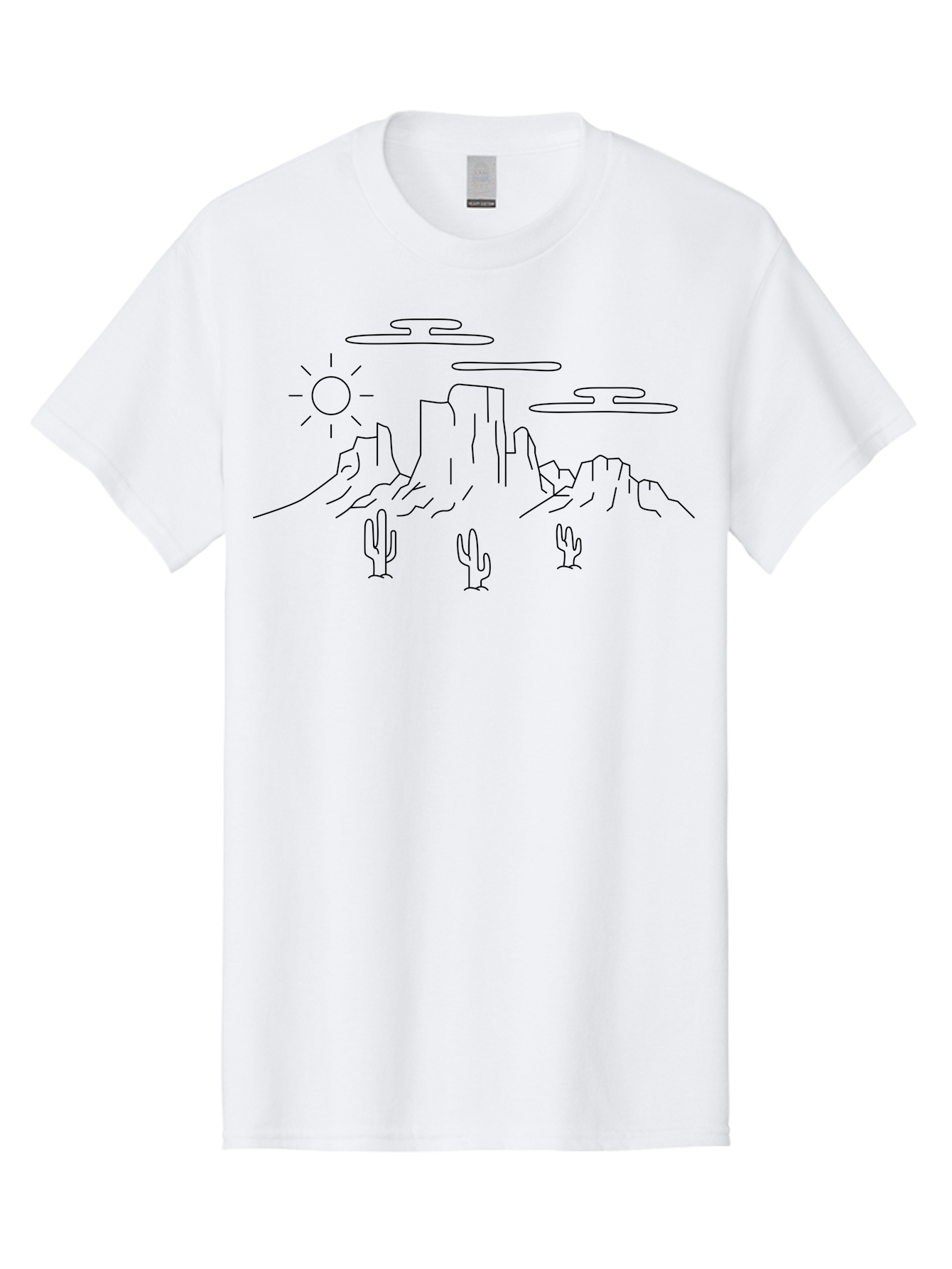 Desert-Landscape Men'S Graphic Tee, 100% Cotton, Comfortable Casual Summer Wear, Machine Washable, Desert Scene, Rocky Mountains, Cacti, Sun, Clouds, Minimalist Design, Simple Shapes, Black Outline, Serene Atmosphere, Southwest Landscape - Aaa184