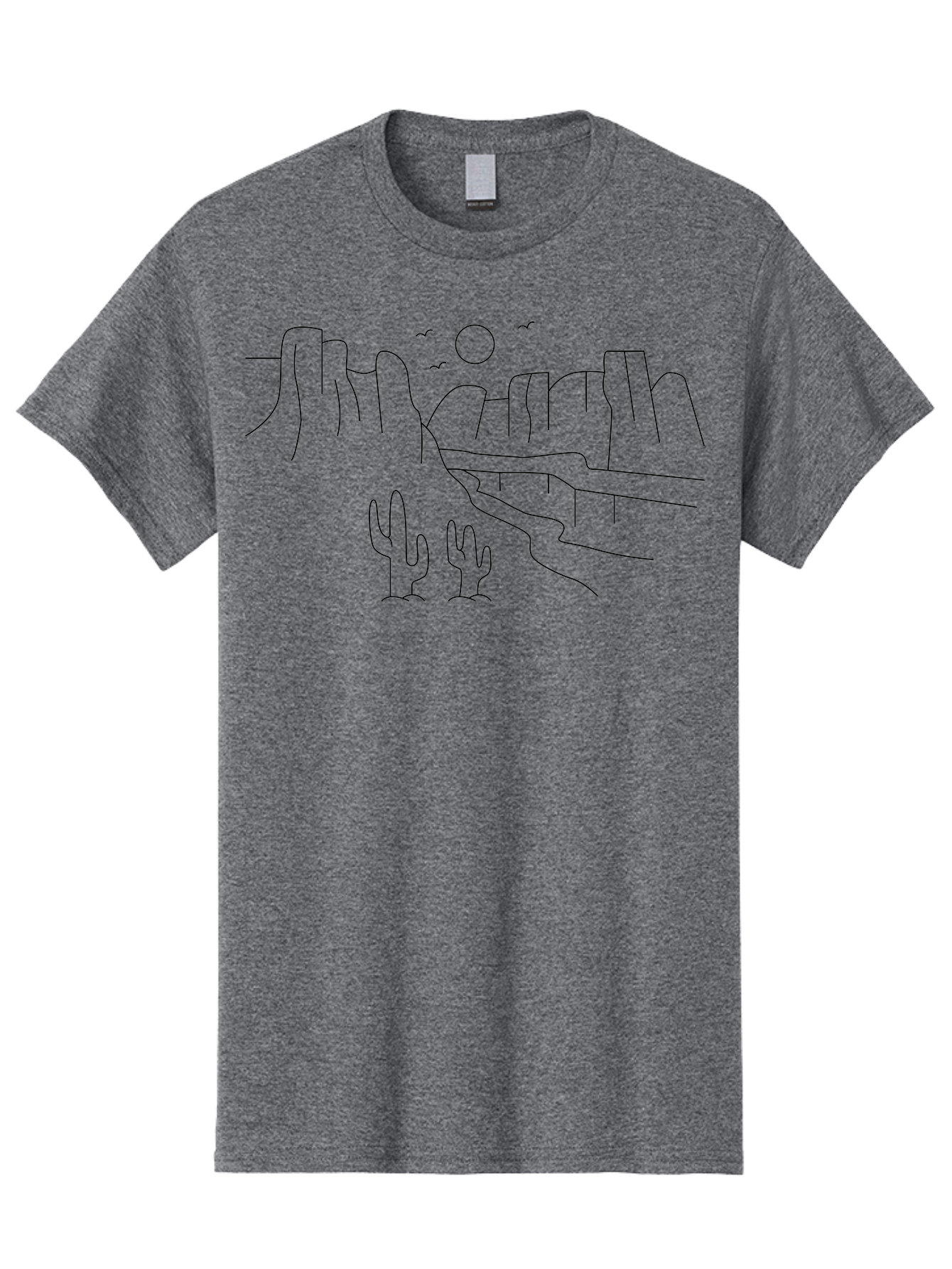 Desert-Scene Men'S Graphic Tee, 100% Cotton, Comfortable Casual Summer Wear, Machine Washable, Desert Landscape, Cacti, Rocky Cliffs, Birds Flying, Sun Shining, Simple Line Art, Minimalist Design, Outdoor Scenery, Natural Beauty - Aaa185