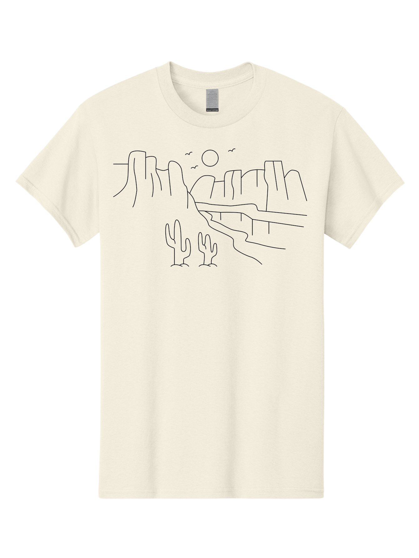 Desert-Scene Men'S Graphic Tee, 100% Cotton, Comfortable Casual Summer Wear, Machine Washable, Desert Landscape, Cacti, Rocky Cliffs, Birds Flying, Sun Shining, Simple Line Art, Minimalist Design, Outdoor Scenery, Natural Beauty - Aaa185