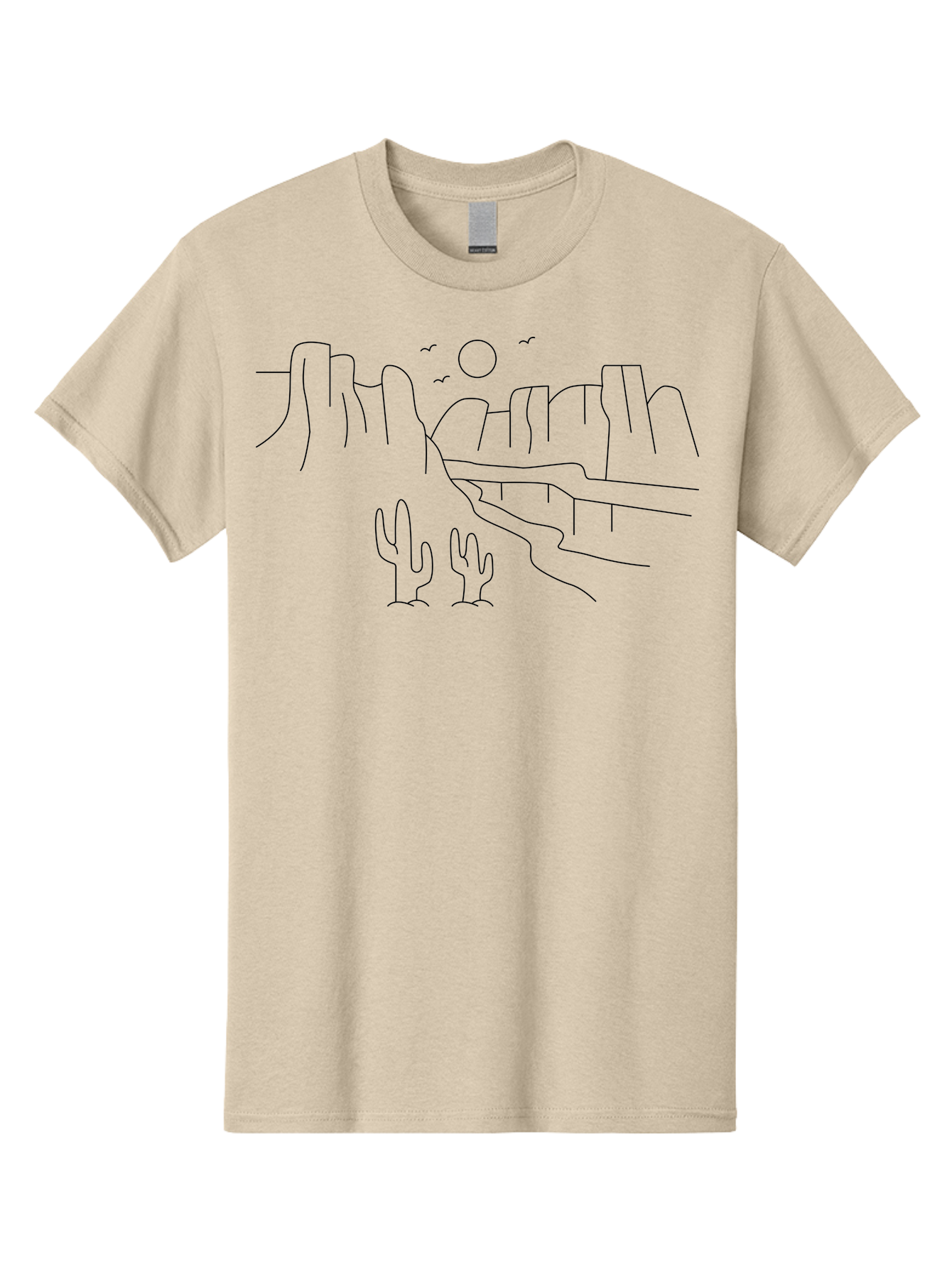 Desert-Scene Men'S Graphic Tee, 100% Cotton, Comfortable Casual Summer Wear, Machine Washable, Desert Landscape, Cacti, Rocky Cliffs, Birds Flying, Sun Shining, Simple Line Art, Minimalist Design, Outdoor Scenery, Natural Beauty - Aaa185