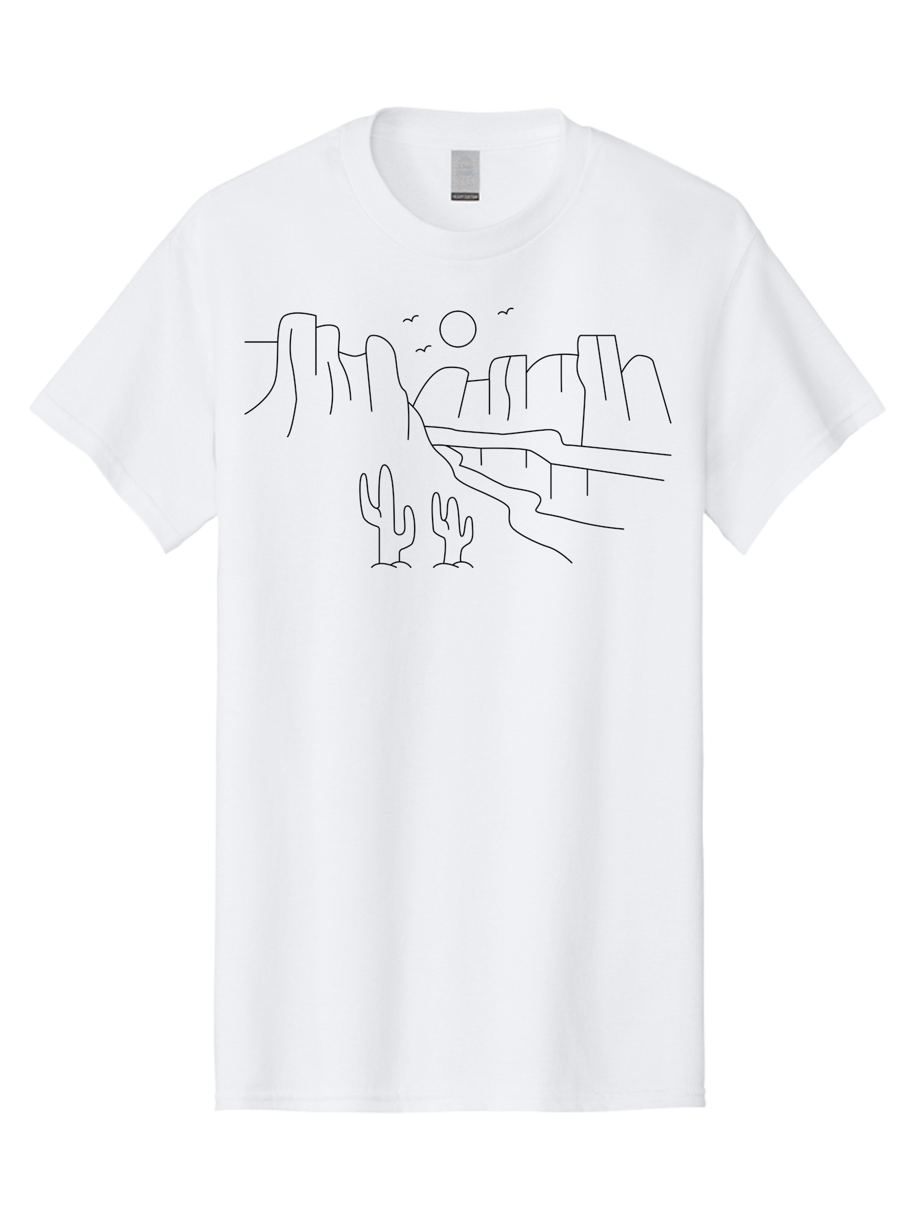 Desert-Scene Men'S Graphic Tee, 100% Cotton, Comfortable Casual Summer Wear, Machine Washable, Desert Landscape, Cacti, Rocky Cliffs, Birds Flying, Sun Shining, Simple Line Art, Minimalist Design, Outdoor Scenery, Natural Beauty - Aaa185