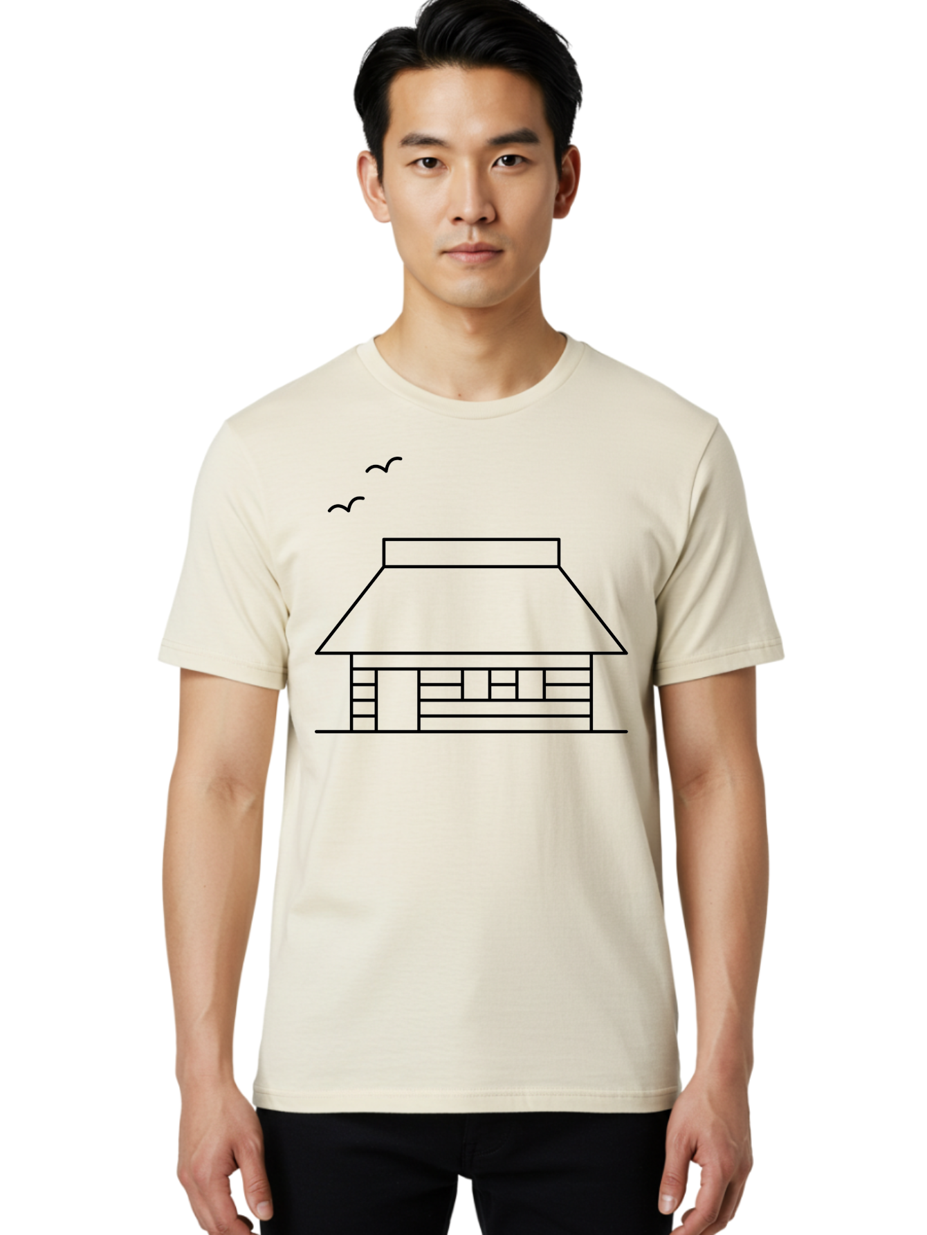 House-With-Birds Men'S Graphic Tee, 100% Cotton, Comfortable Casual Summer Wear, Machine Washable, Simple House Illustration, Minimalist Design, Birds Flying, Home Outline, Residential Architecture, Modern Graphic, Simple Shapes, - Aaa188