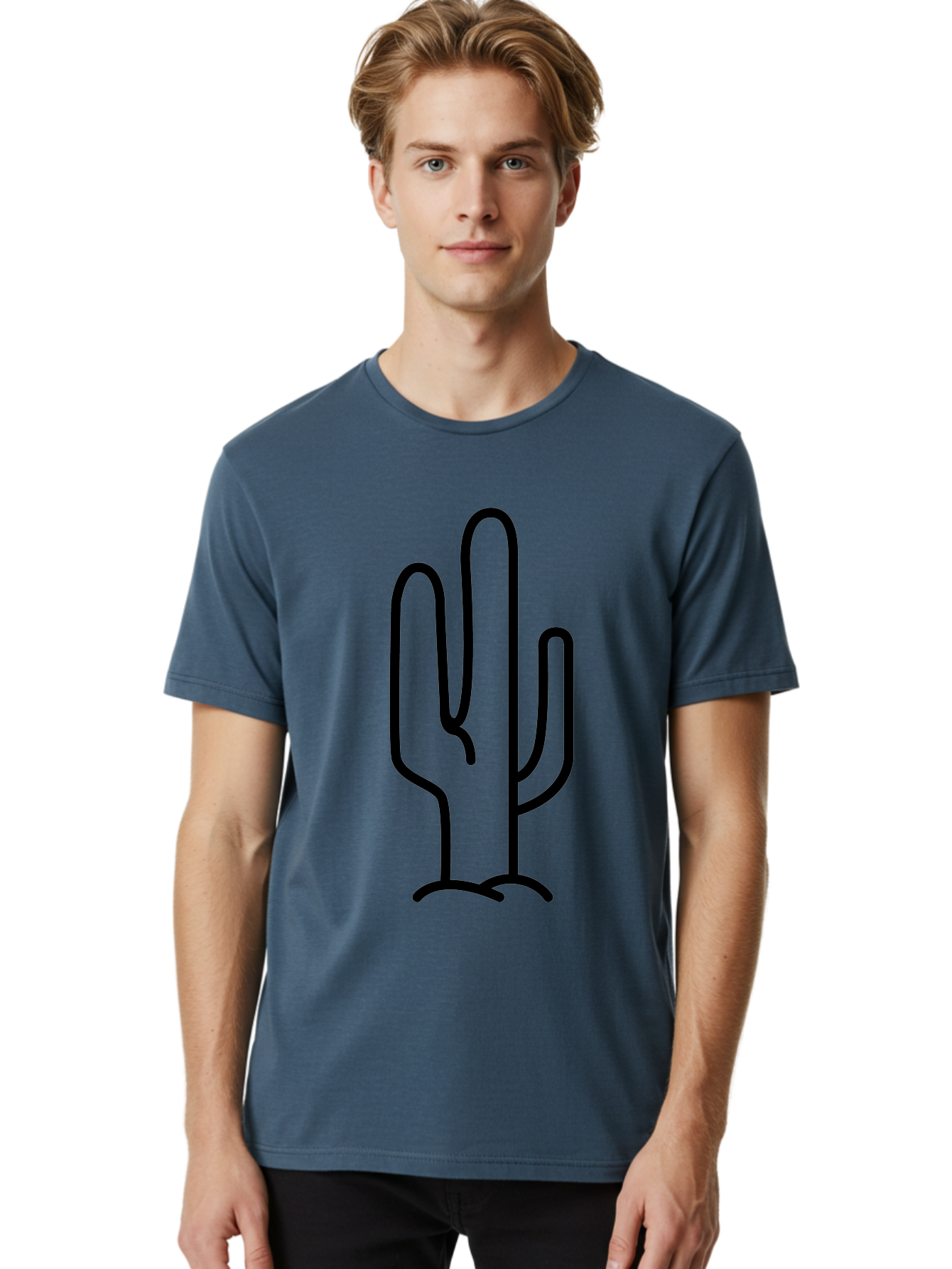 Middle-Finger-Cactus Men'S Graphic Tee, 100% Cotton, Comfortable Casual Summer Wear, Machine Washable, Simple Cactus Drawing, Minimalist Design, Black Outline, Desert Flora, Succulent Plant, Prickly Pear, Cartoon Style, Modern Art - Aaa194