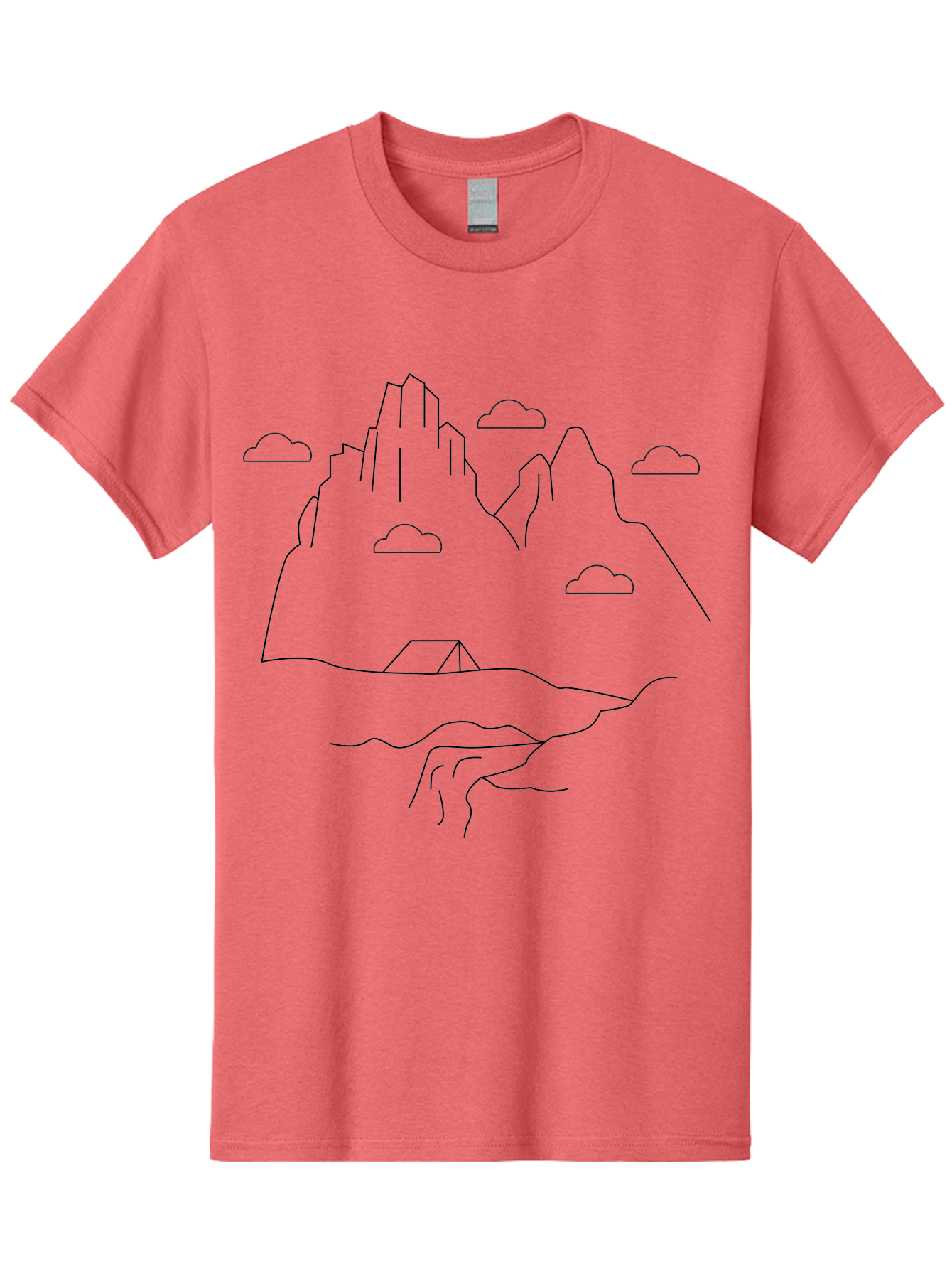 Mountain-Landscape-1 Men'S Graphic Tee, 100% Cotton, Comfortable Casual Summer Wear, Machine Washable, Mountain Peaks, Serene Landscape, Simple Illustration, Minimalist Art, Camping Tent, Outdoor Scenery, Rocky Terrain, Cloudy Sky, - Aaa196