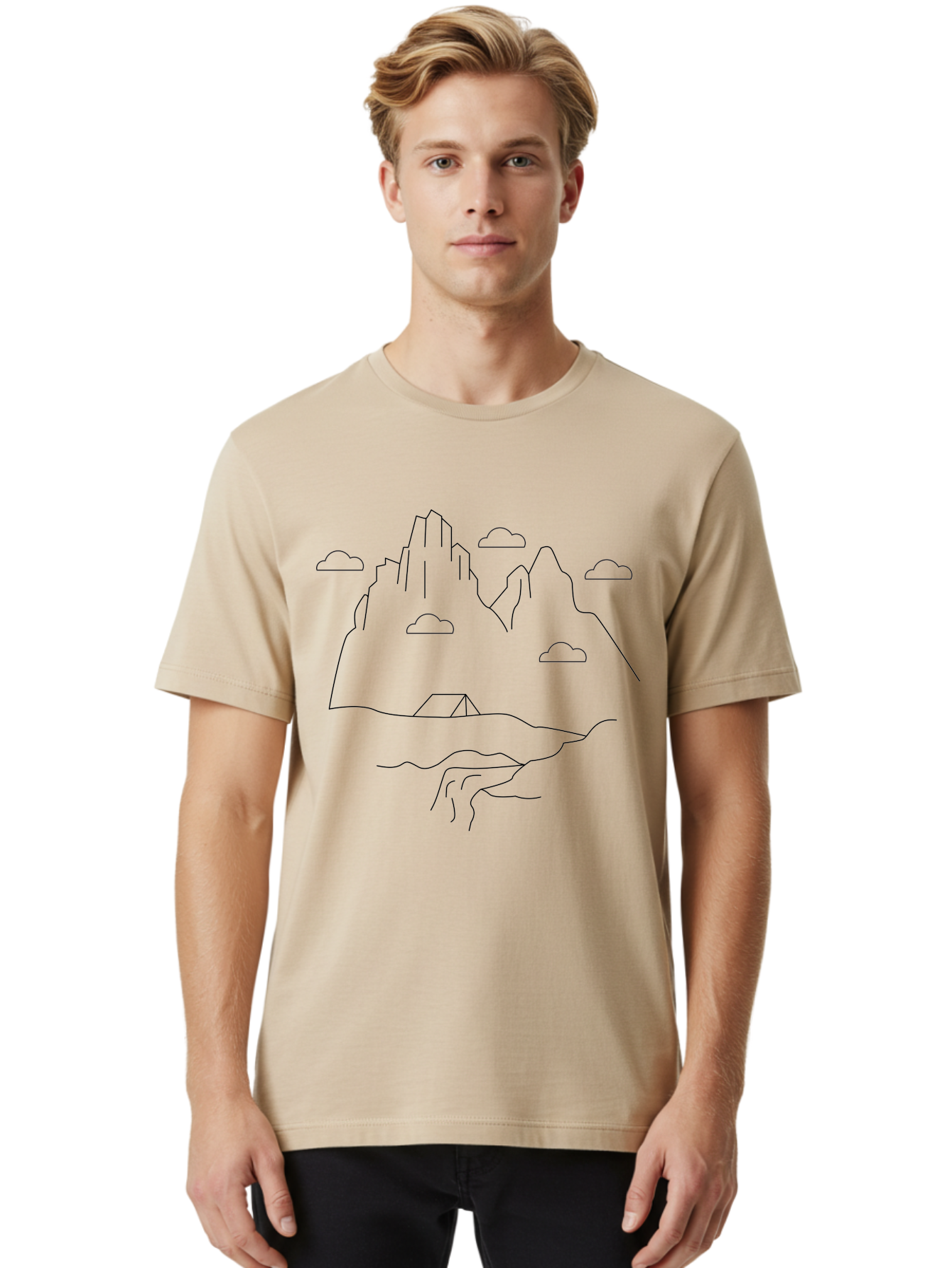 Mountain-Landscape-1 Men'S Graphic Tee, 100% Cotton, Comfortable Casual Summer Wear, Machine Washable, Mountain Peaks, Serene Landscape, Simple Illustration, Minimalist Art, Camping Tent, Outdoor Scenery, Rocky Terrain, Cloudy Sky, - Aaa196