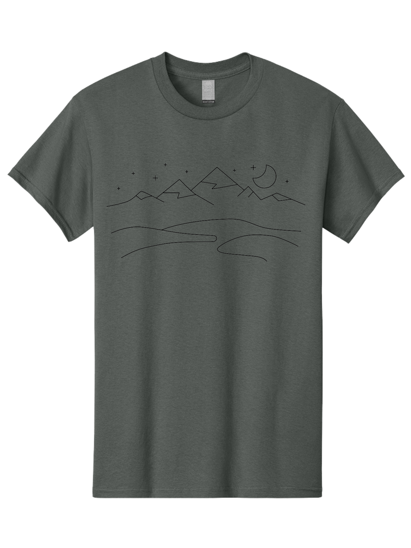 Mountain-Landscape-2 Men'S Graphic Tee, 100% Cotton, Comfortable Casual Summer Wear, Machine Washable, Mountain Range, Night Sky, Crescent Moon, Stars, Minimalist Design, Simple Art, Line Drawing, Peaceful Landscape, Serene Atmosphere - Aaa197