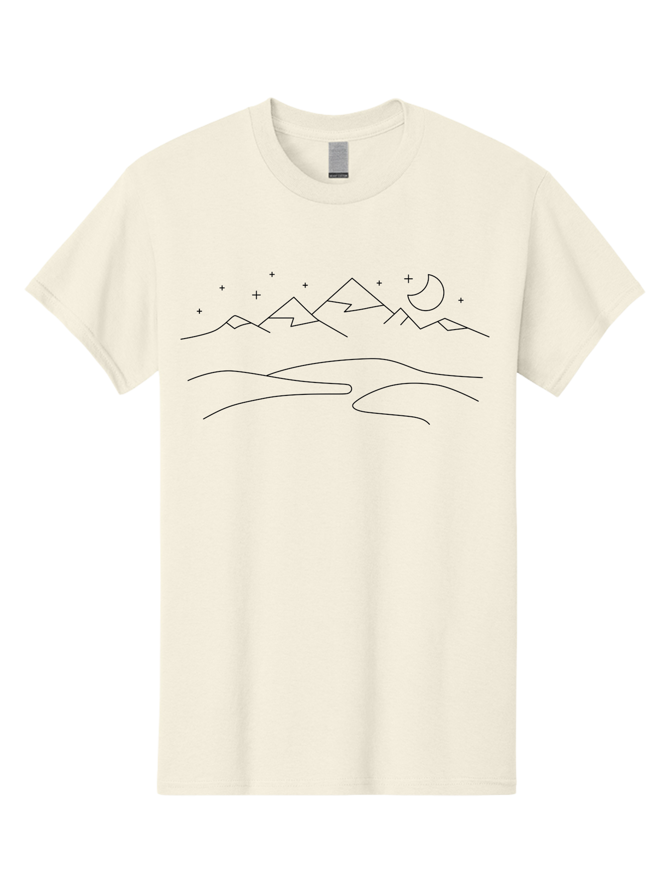 Mountain-Landscape-2 Men'S Graphic Tee, 100% Cotton, Comfortable Casual Summer Wear, Machine Washable, Mountain Range, Night Sky, Crescent Moon, Stars, Minimalist Design, Simple Art, Line Drawing, Peaceful Landscape, Serene Atmosphere - Aaa197
