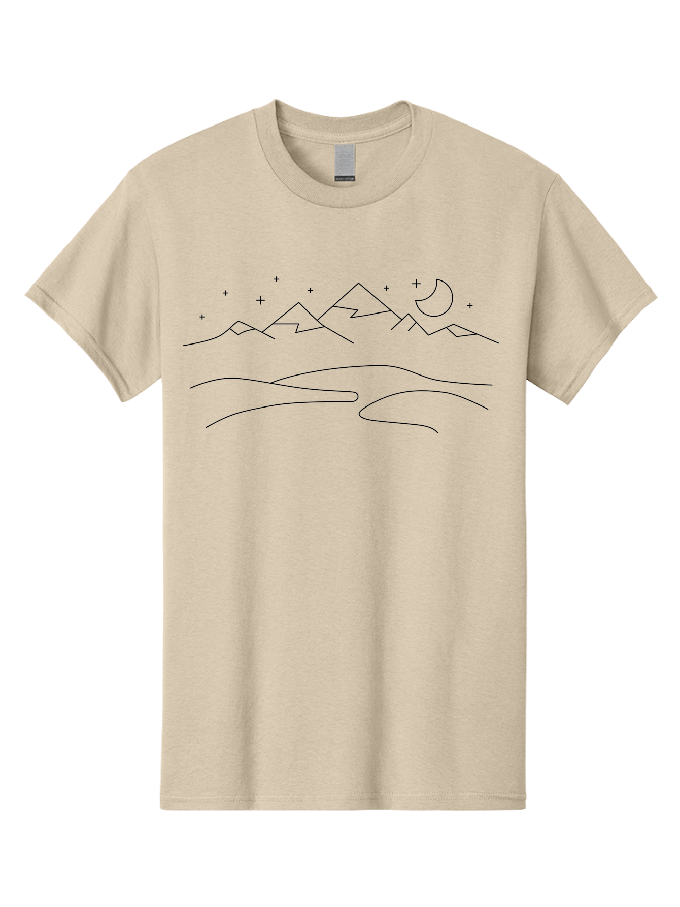 Mountain-Landscape-2 Men'S Graphic Tee, 100% Cotton, Comfortable Casual Summer Wear, Machine Washable, Mountain Range, Night Sky, Crescent Moon, Stars, Minimalist Design, Simple Art, Line Drawing, Peaceful Landscape, Serene Atmosphere - Aaa197
