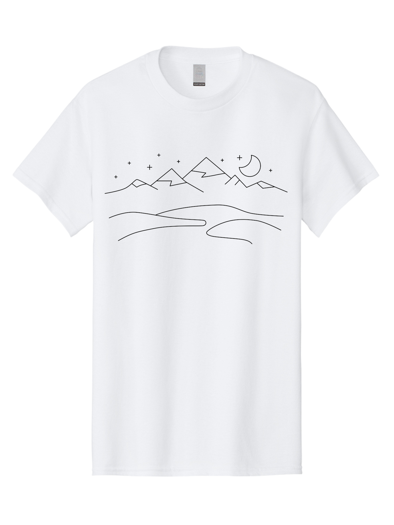 Mountain-Landscape-2 Men'S Graphic Tee, 100% Cotton, Comfortable Casual Summer Wear, Machine Washable, Mountain Range, Night Sky, Crescent Moon, Stars, Minimalist Design, Simple Art, Line Drawing, Peaceful Landscape, Serene Atmosphere - Aaa197