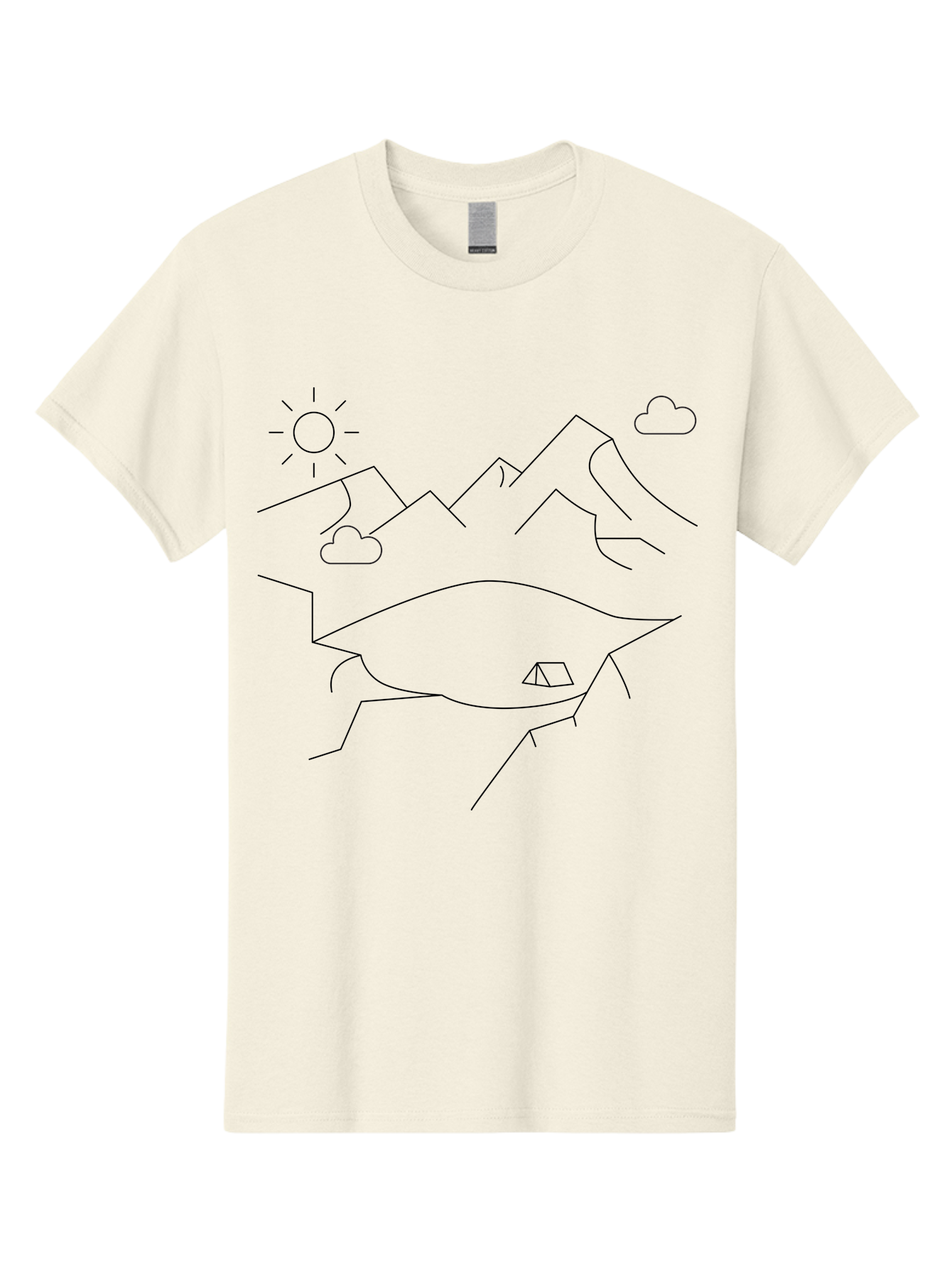 Mountain-Landscape Men'S Graphic Tee, 100% Cotton, Comfortable Casual Summer Wear, Machine Washable, Outdoor Adventure, Nature Escape, Mountains, Tent, Simple Drawing, Serene Landscape, Camping, Scenic View - Aaa198