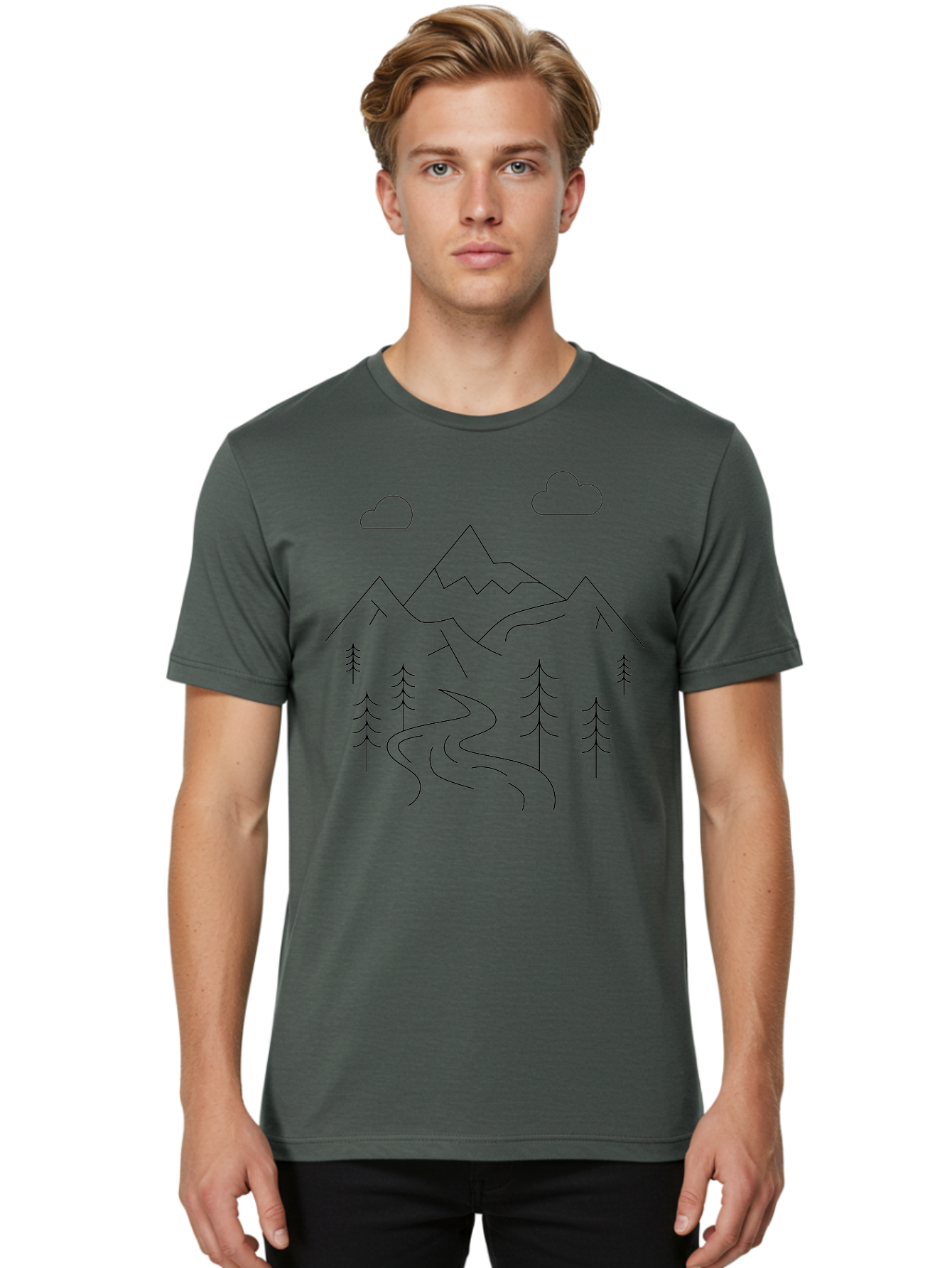 Mountains-And-Trees Men'S Graphic Tee, 100% Cotton, Comfortable Casual Summer Wear, Machine Washable, Mountain Range, Winding River, Pine Trees, Clouds, Serene Landscape, Minimalist Art, Simple Design, Nature Illustration - Aaa200