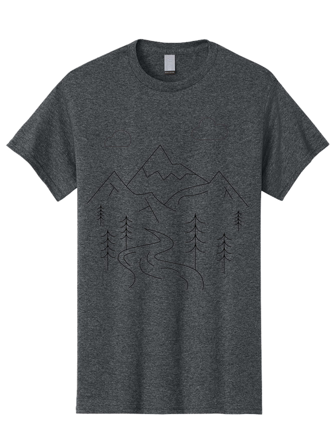 Mountains-And-Trees Men'S Graphic Tee, 100% Cotton, Comfortable Casual Summer Wear, Machine Washable, Mountain Range, Winding River, Pine Trees, Clouds, Serene Landscape, Minimalist Art, Simple Design, Nature Illustration - Aaa200