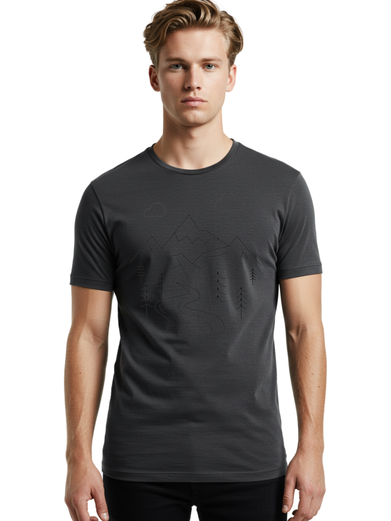 Mountains-And-Trees Men'S Graphic Tee, 100% Cotton, Comfortable Casual Summer Wear, Machine Washable, Mountain Range, Winding River, Pine Trees, Clouds, Serene Landscape, Minimalist Art, Simple Design, Nature Illustration - Aaa200