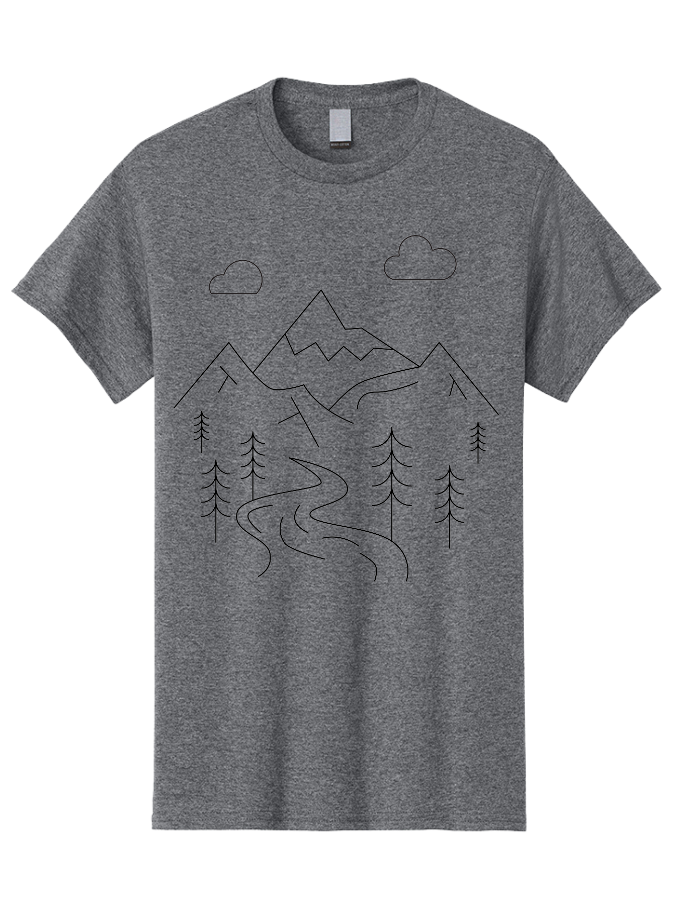 Mountains-And-Trees Men'S Graphic Tee, 100% Cotton, Comfortable Casual Summer Wear, Machine Washable, Mountain Range, Winding River, Pine Trees, Clouds, Serene Landscape, Minimalist Art, Simple Design, Nature Illustration - Aaa200
