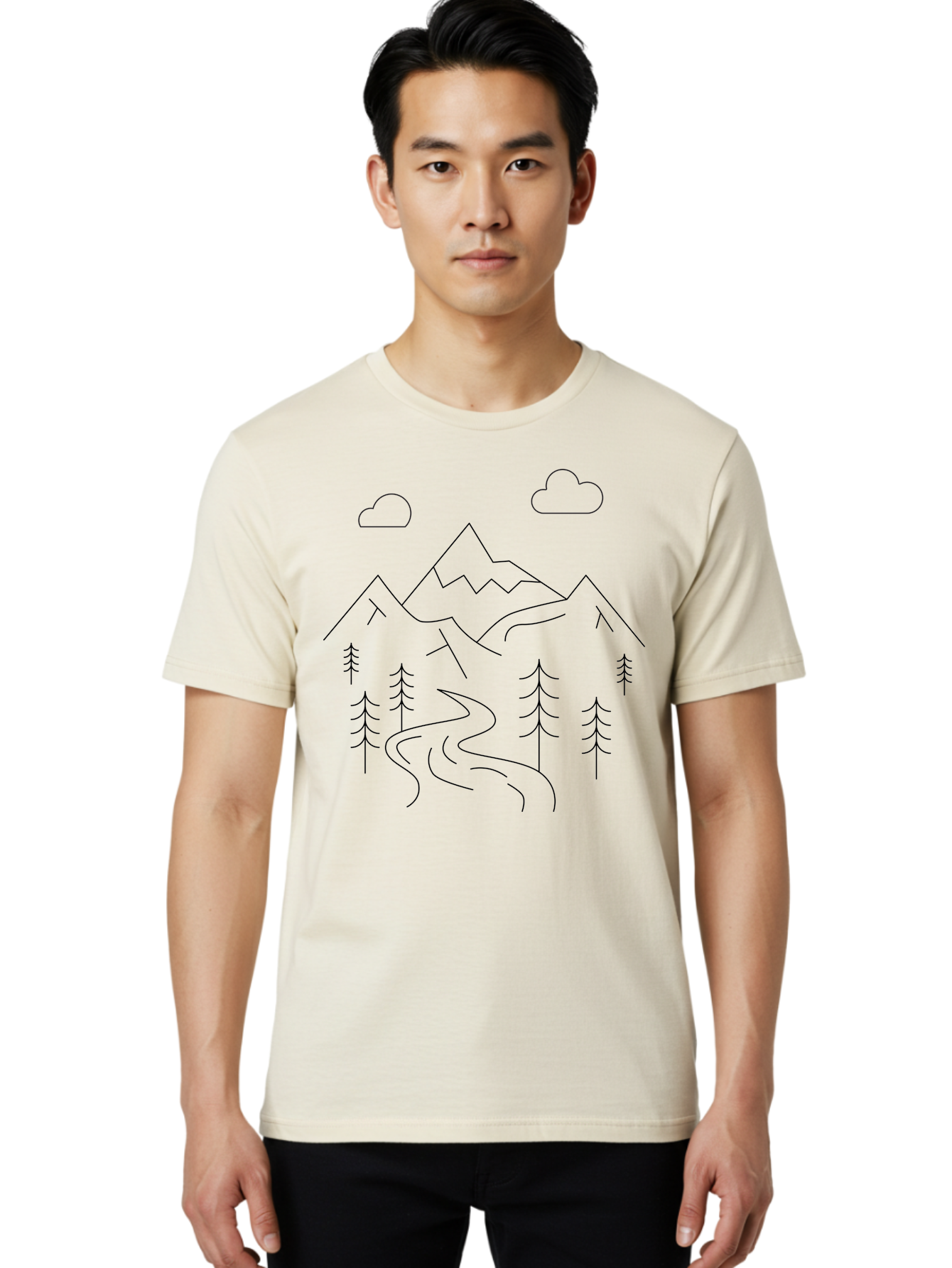 Mountains-And-Trees Men'S Graphic Tee, 100% Cotton, Comfortable Casual Summer Wear, Machine Washable, Mountain Range, Winding River, Pine Trees, Clouds, Serene Landscape, Minimalist Art, Simple Design, Nature Illustration - Aaa200