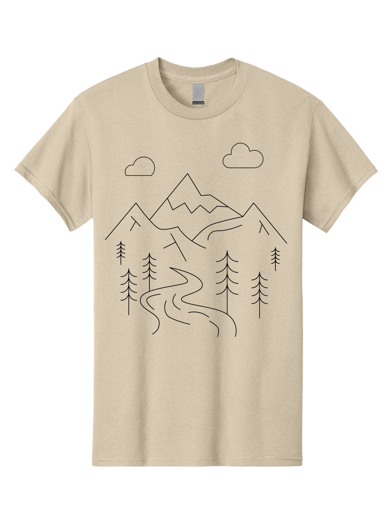 Mountains-And-Trees Men'S Graphic Tee, 100% Cotton, Comfortable Casual Summer Wear, Machine Washable, Mountain Range, Winding River, Pine Trees, Clouds, Serene Landscape, Minimalist Art, Simple Design, Nature Illustration - Aaa200