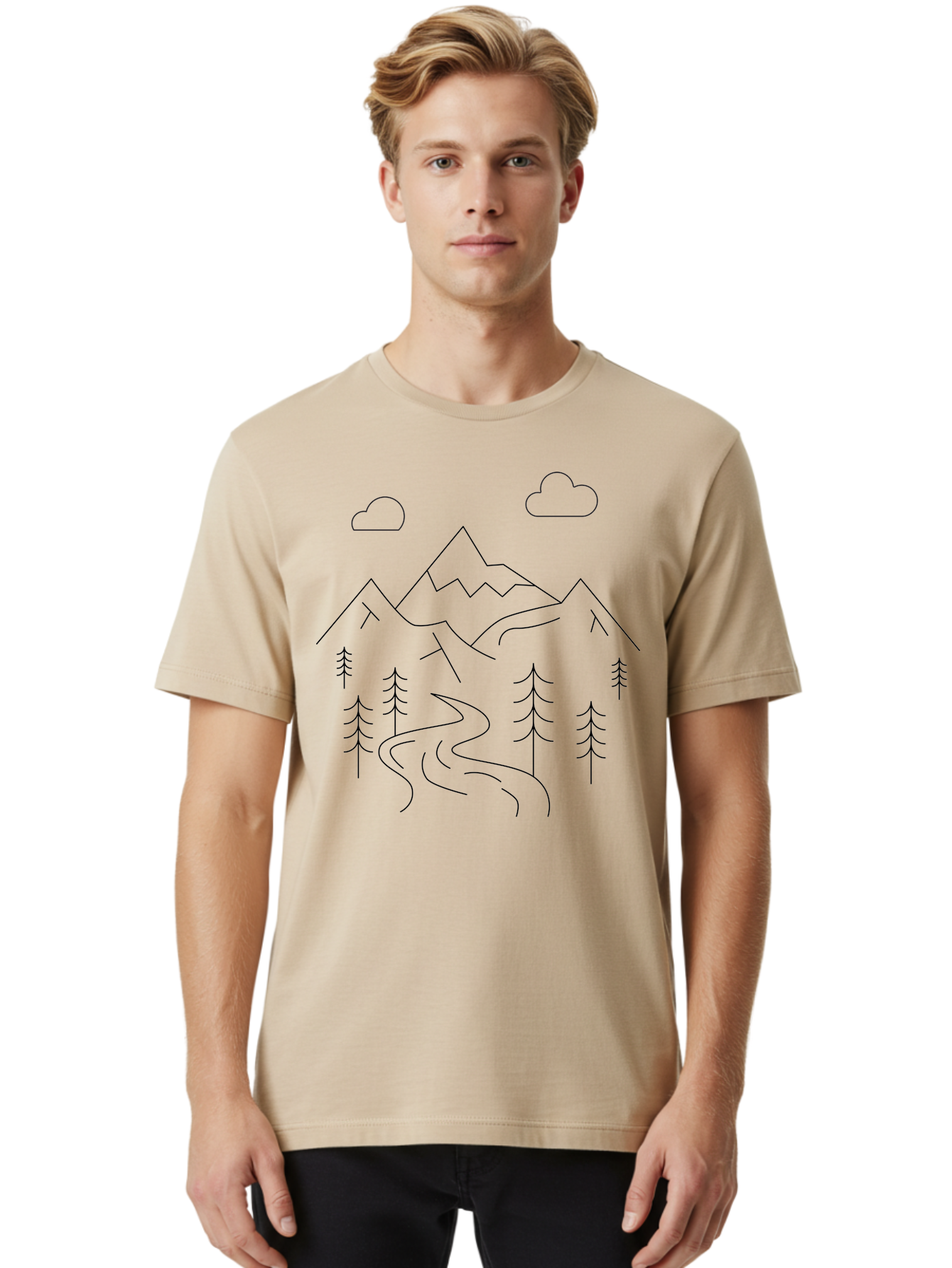 Mountains-And-Trees Men'S Graphic Tee, 100% Cotton, Comfortable Casual Summer Wear, Machine Washable, Mountain Range, Winding River, Pine Trees, Clouds, Serene Landscape, Minimalist Art, Simple Design, Nature Illustration - Aaa200