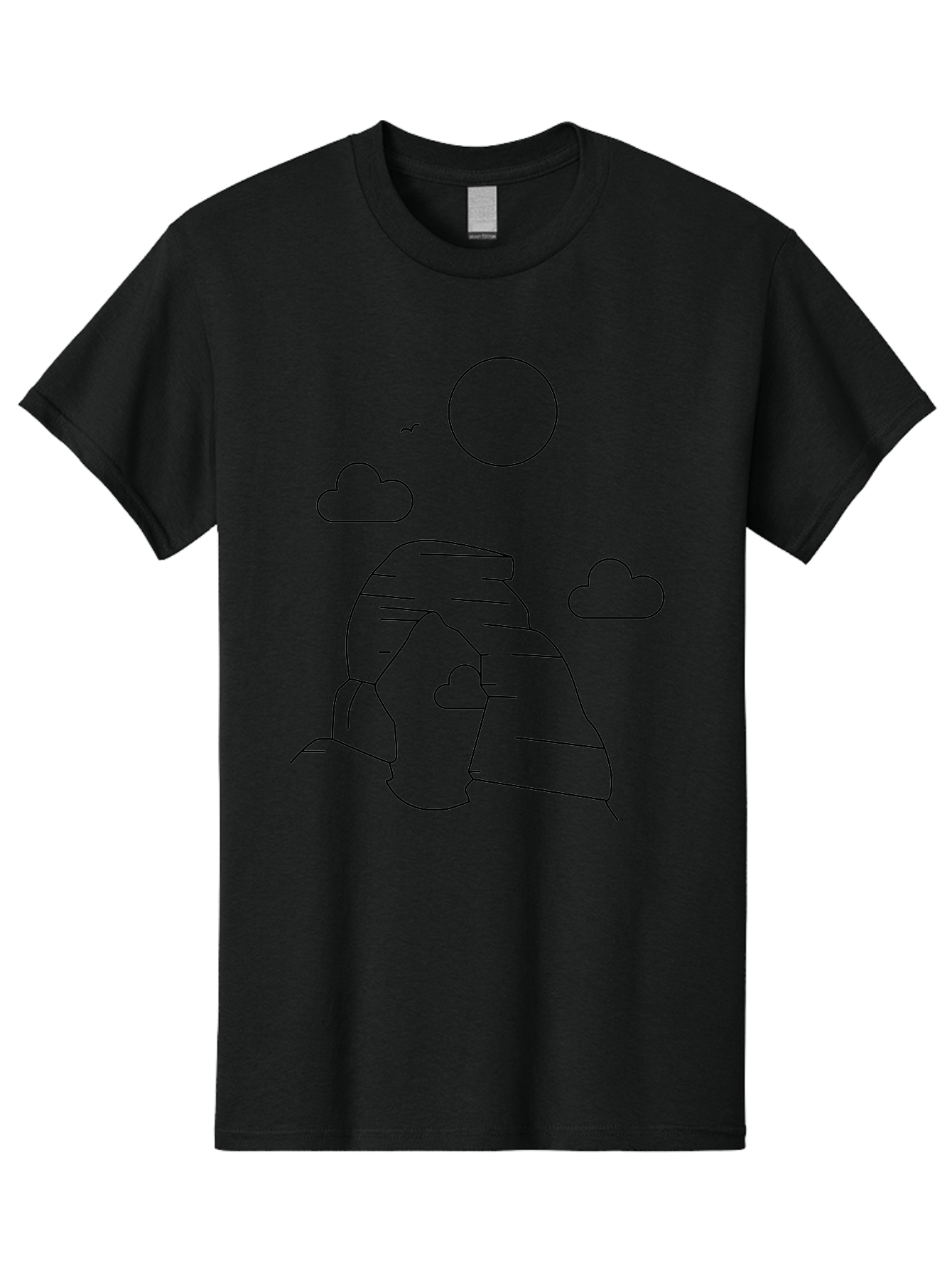 Rock-Formation Men'S Graphic Tee, 100% Cotton, Comfortable Casual Summer Wear, Machine Washable, Rocky Landscape, Minimalist Art, Simple Shapes, Whimsical Design, Clouds, Sun, Birds Flying, Serene Atmosphere, Modern Illustration, - Aaa203