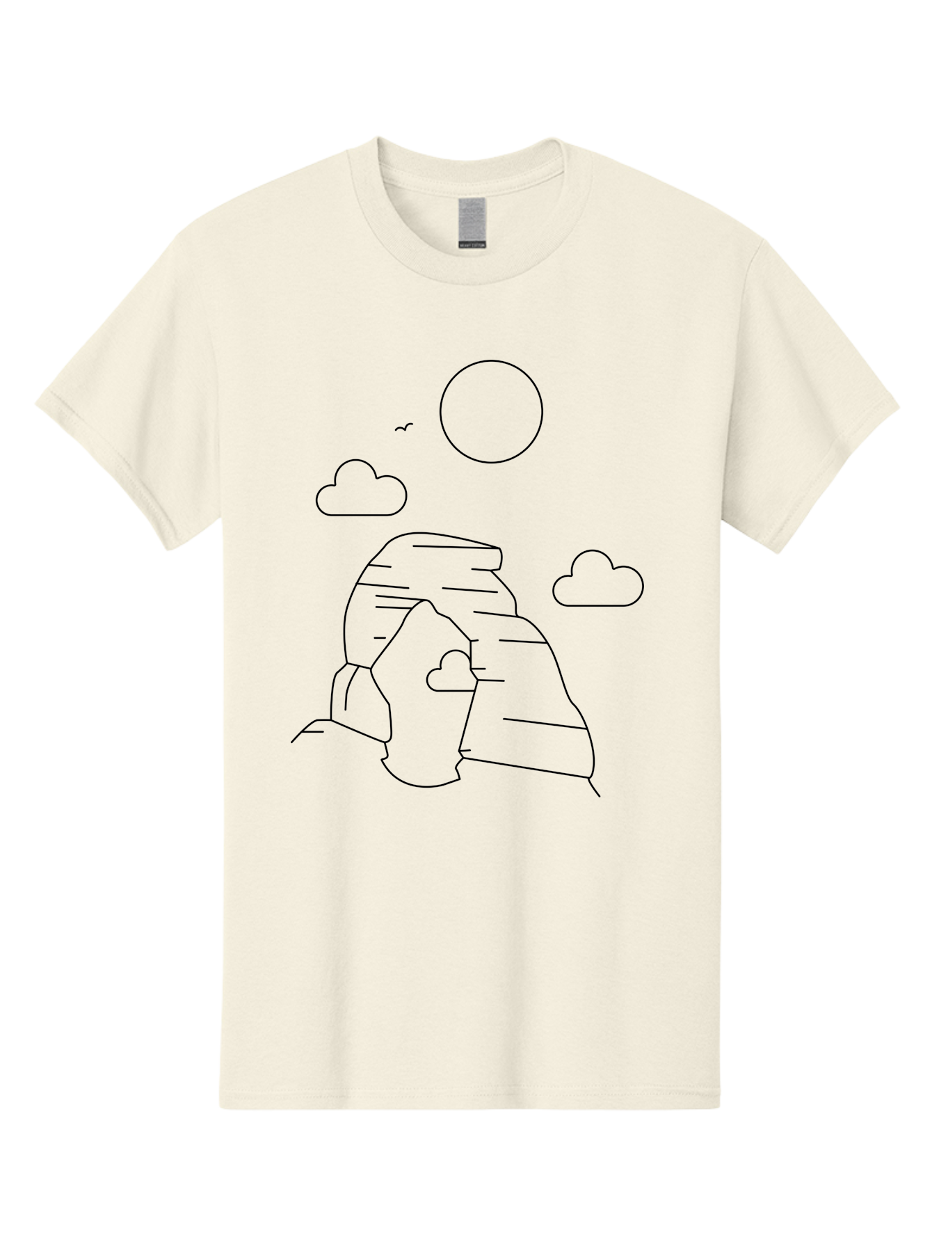 Rock-Formation Men'S Graphic Tee, 100% Cotton, Comfortable Casual Summer Wear, Machine Washable, Rocky Landscape, Minimalist Art, Simple Shapes, Whimsical Design, Clouds, Sun, Birds Flying, Serene Atmosphere, Modern Illustration, - Aaa203