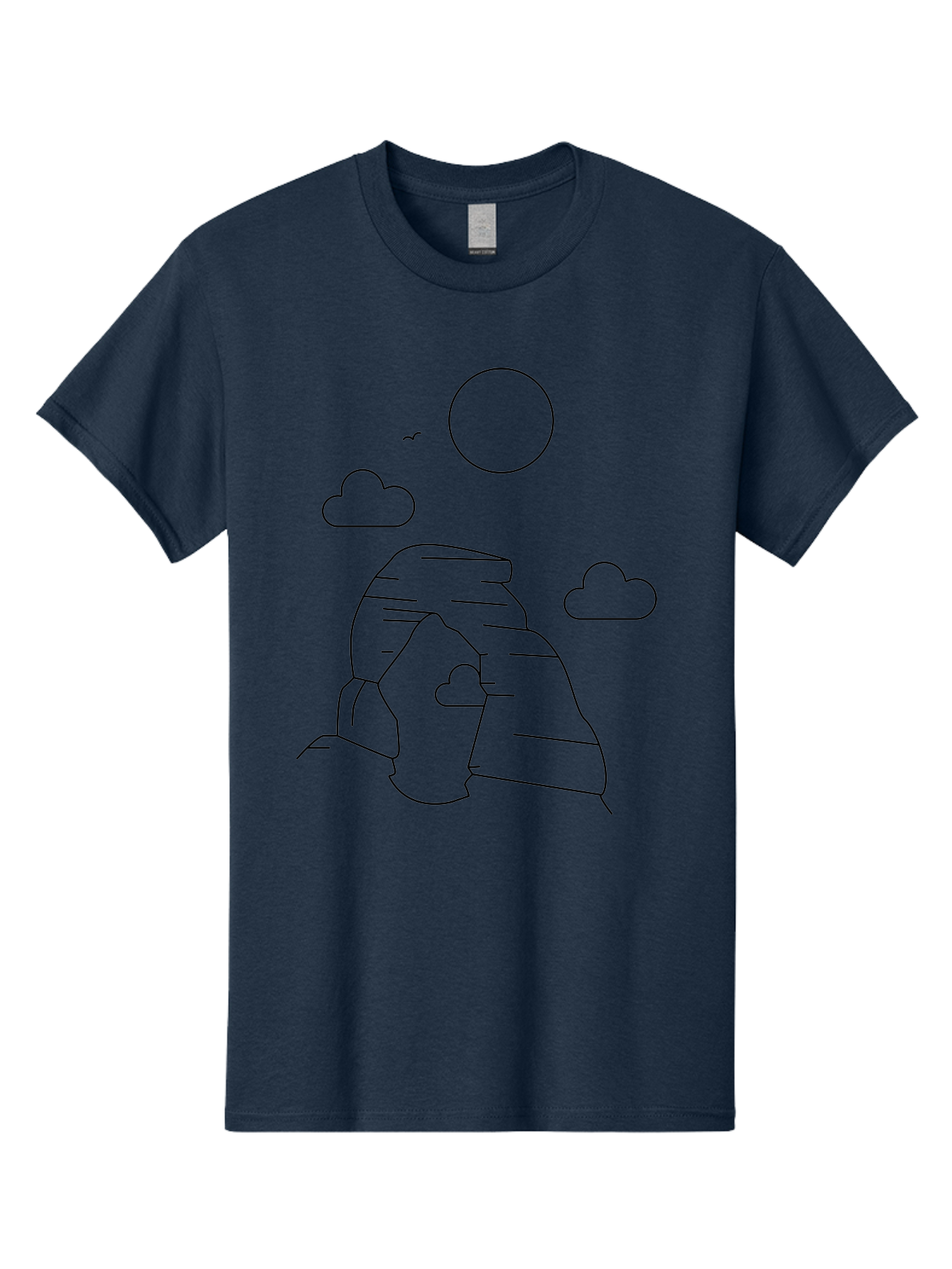Rock-Formation Men'S Graphic Tee, 100% Cotton, Comfortable Casual Summer Wear, Machine Washable, Rocky Landscape, Minimalist Art, Simple Shapes, Whimsical Design, Clouds, Sun, Birds Flying, Serene Atmosphere, Modern Illustration, - Aaa203