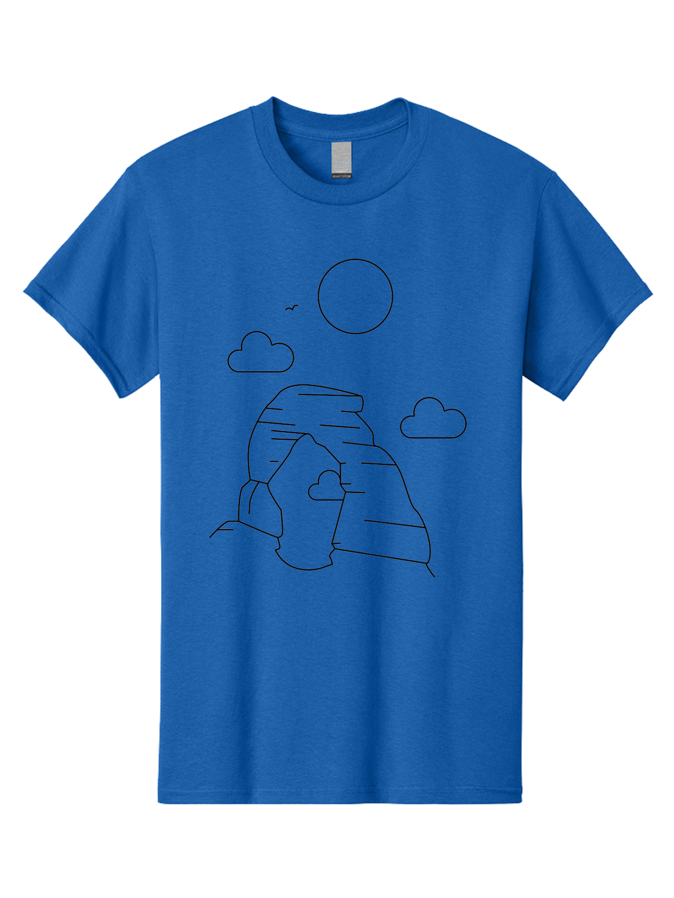 Rock-Formation Men'S Graphic Tee, 100% Cotton, Comfortable Casual Summer Wear, Machine Washable, Rocky Landscape, Minimalist Art, Simple Shapes, Whimsical Design, Clouds, Sun, Birds Flying, Serene Atmosphere, Modern Illustration, - Aaa203