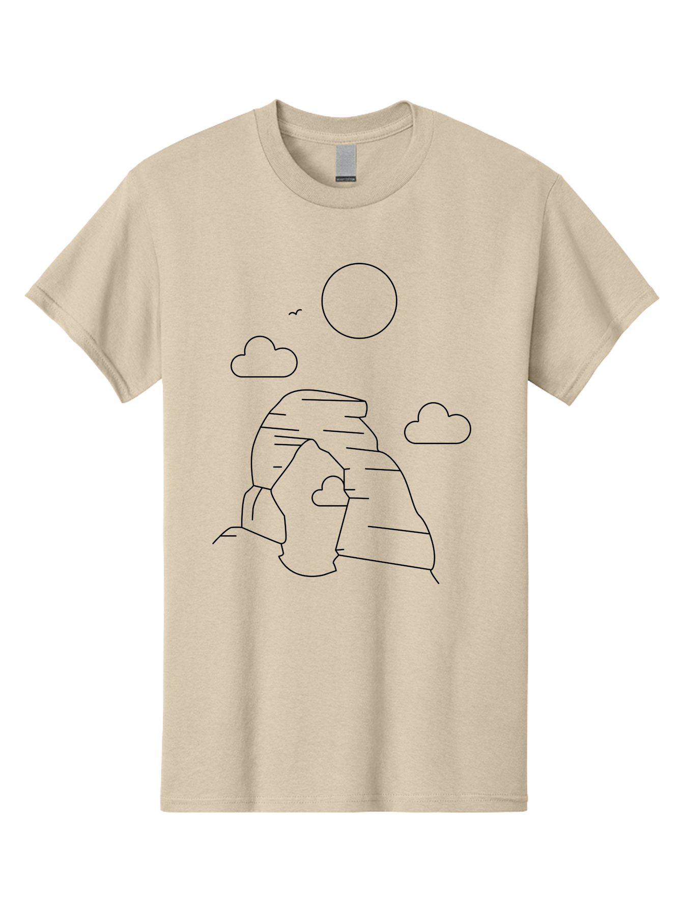Rock-Formation Men'S Graphic Tee, 100% Cotton, Comfortable Casual Summer Wear, Machine Washable, Rocky Landscape, Minimalist Art, Simple Shapes, Whimsical Design, Clouds, Sun, Birds Flying, Serene Atmosphere, Modern Illustration, - Aaa203
