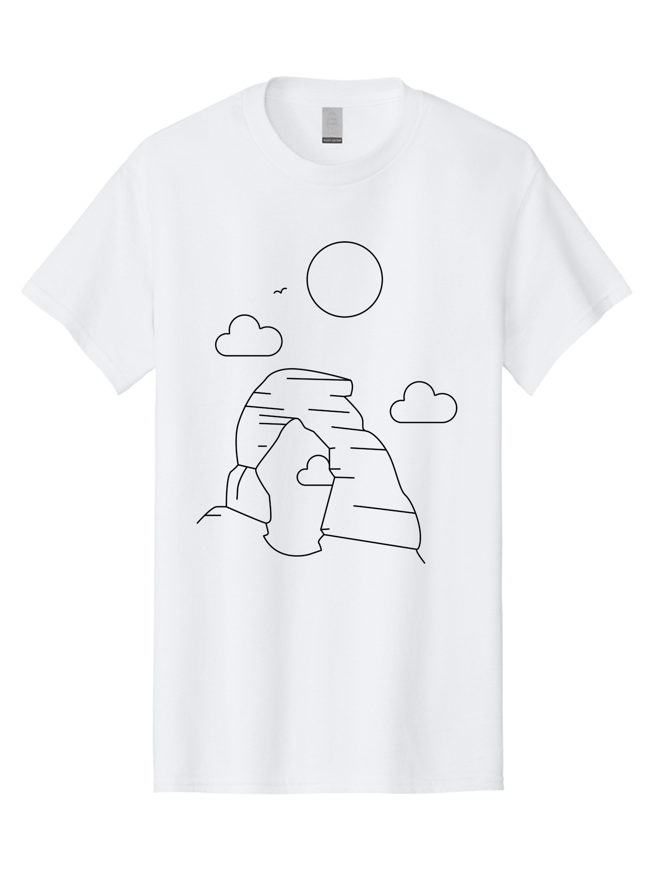 Rock-Formation Men'S Graphic Tee, 100% Cotton, Comfortable Casual Summer Wear, Machine Washable, Rocky Landscape, Minimalist Art, Simple Shapes, Whimsical Design, Clouds, Sun, Birds Flying, Serene Atmosphere, Modern Illustration, - Aaa203