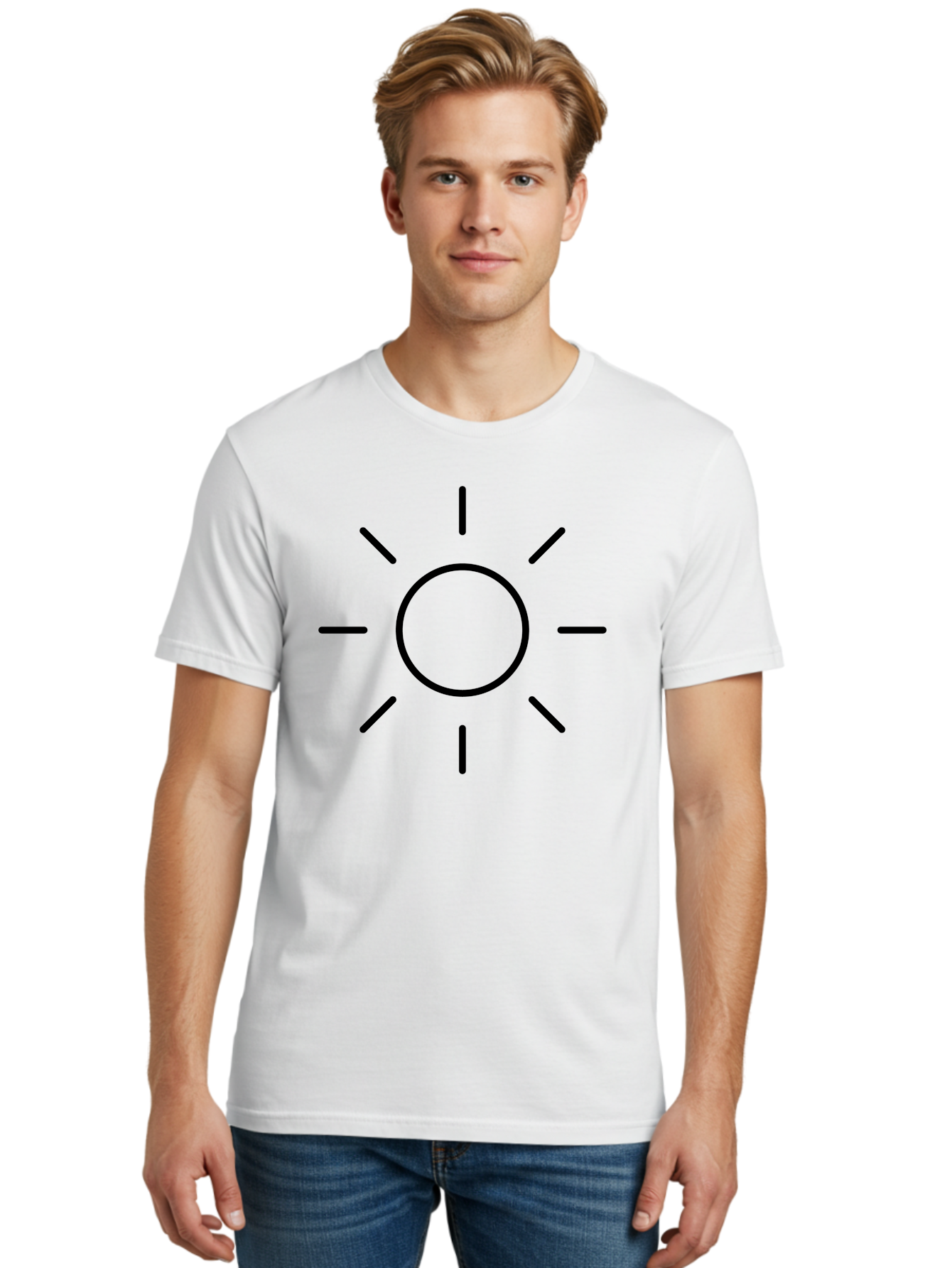 Sun-Symbol Men'S Graphic Tee, 100% Cotton, Comfortable Casual Summer Wear, Machine Washable, Sun Symbol, Simple Design, Minimalist Icon, Black Outline, Sun Illustration, Weather Symbol, Sunshine Graphic - Aaa207
