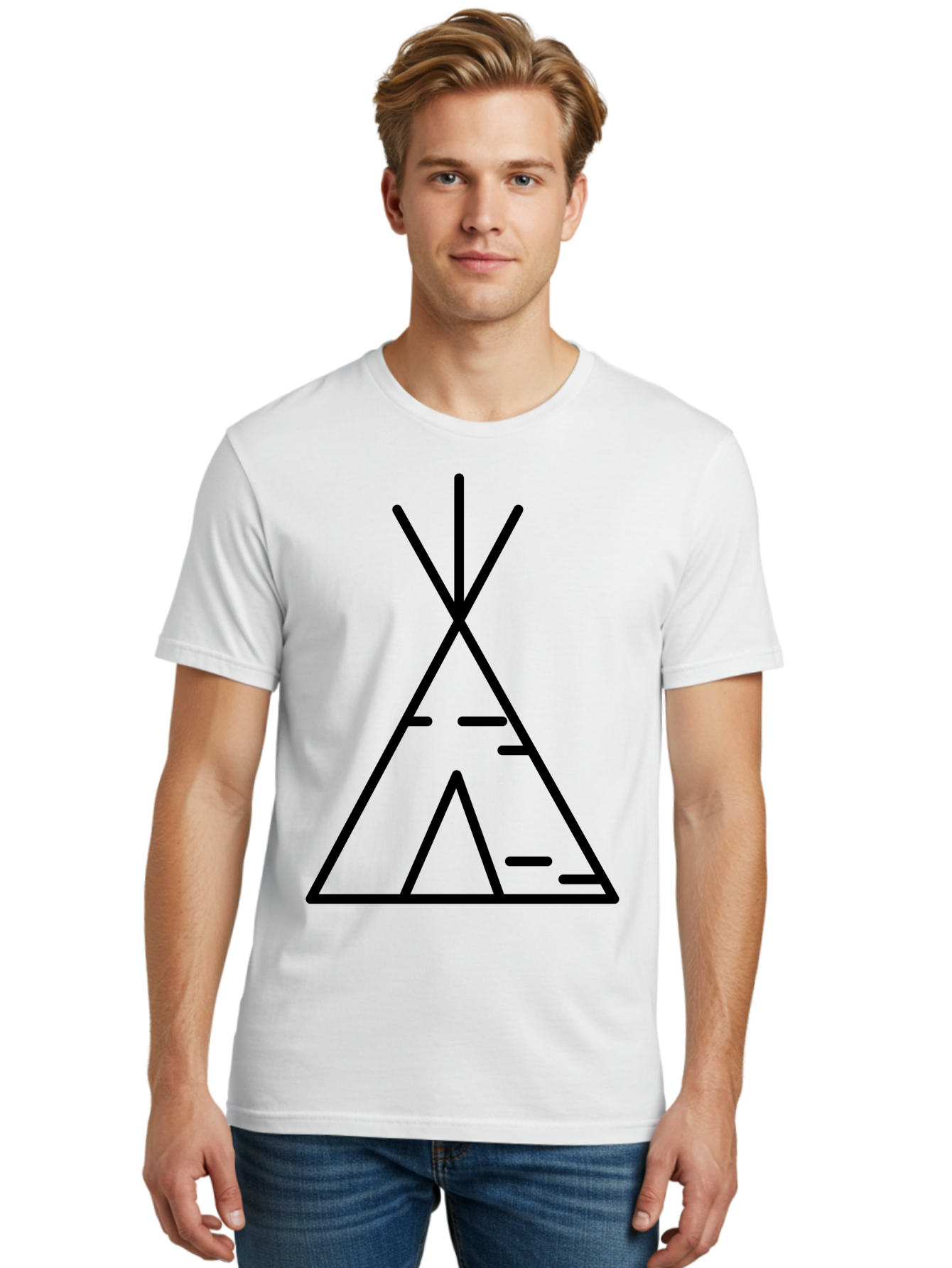 Tent-2 Men'S Graphic Tee, 100% Cotton, Comfortable Casual Summer Wear, Machine Washable, Teepee Icon, Camping Symbol, Minimalist Design, Tribal Inspiration, Simple Lines, Geometric Shape, Outdoor Adventure, Black Outline - Aaa212