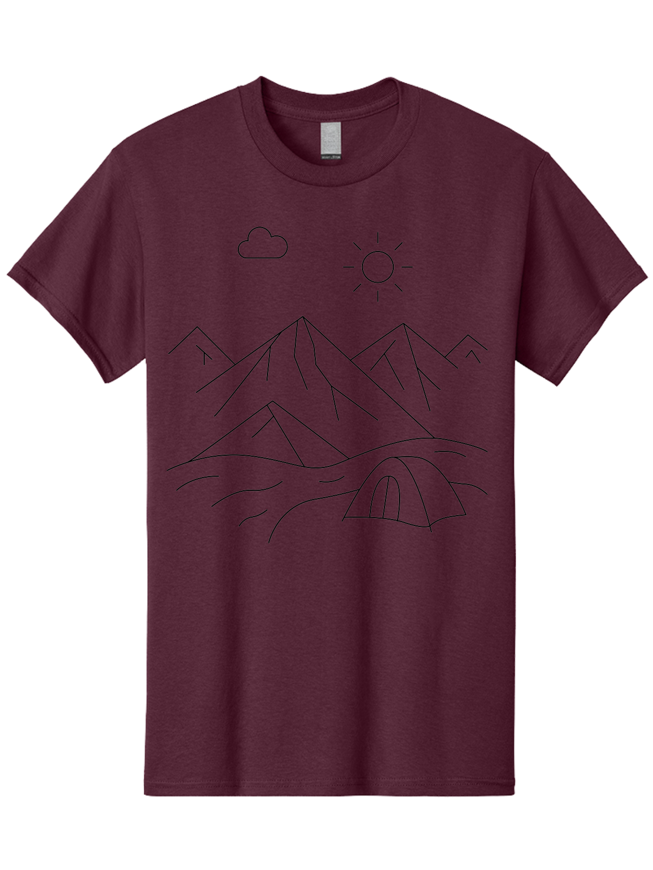 Tent-And-Mountain Men'S Graphic Tee, 100% Cotton, Comfortable Casual Summer Wear, Machine Washable, Mountain Landscape, Simple Line Art, Serene Atmosphere, Tent, Sun, Cloud, Minimalist Design, Outdoor Scenery, Natural Beauty, Camping - Aaa215