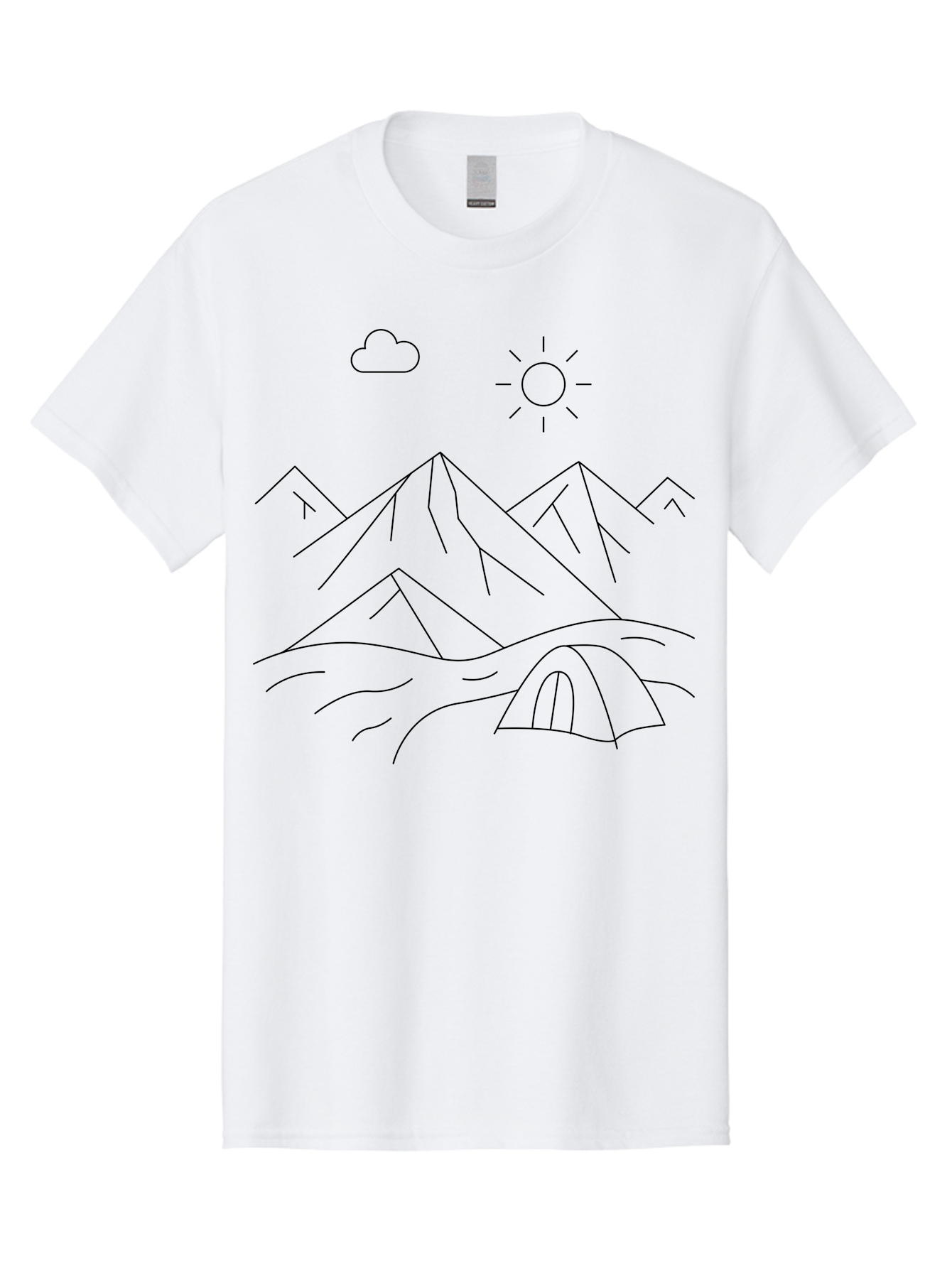 Tent-And-Mountain Men'S Graphic Tee, 100% Cotton, Comfortable Casual Summer Wear, Machine Washable, Mountain Landscape, Simple Line Art, Serene Atmosphere, Tent, Sun, Cloud, Minimalist Design, Outdoor Scenery, Natural Beauty, Camping - Aaa215