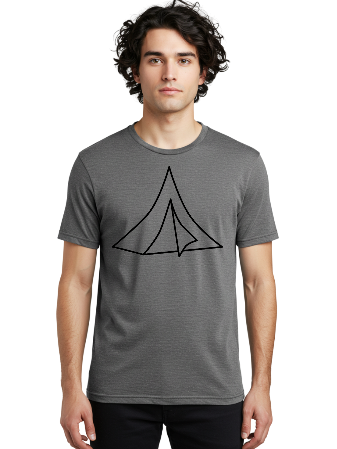 Tent Men'S Graphic Tee, 100% Cotton, Comfortable Casual Summer Wear, Machine Washable, Simple Tent Illustration, Camping Symbol, Minimalist Design, Black Outline, Geometric Shapes, Triangular Form, Outdoor Adventure - Aaa218