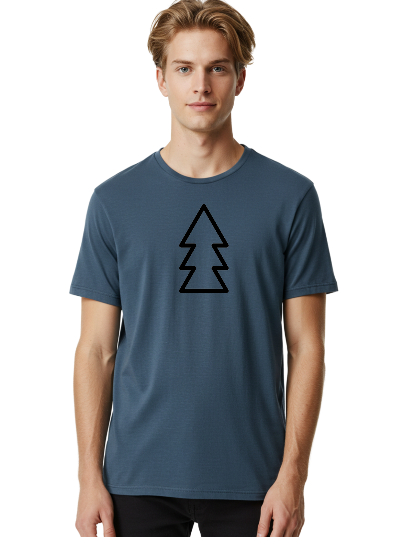 Tree-Logo Men'S Graphic Tee, 100% Cotton, Comfortable Casual Summer Wear, Machine Washable, Christmas Tree, Festive Symbol, Holiday Icon, Simple Design, Minimalist Art, Black Outline, Winter Theme - Aaa222