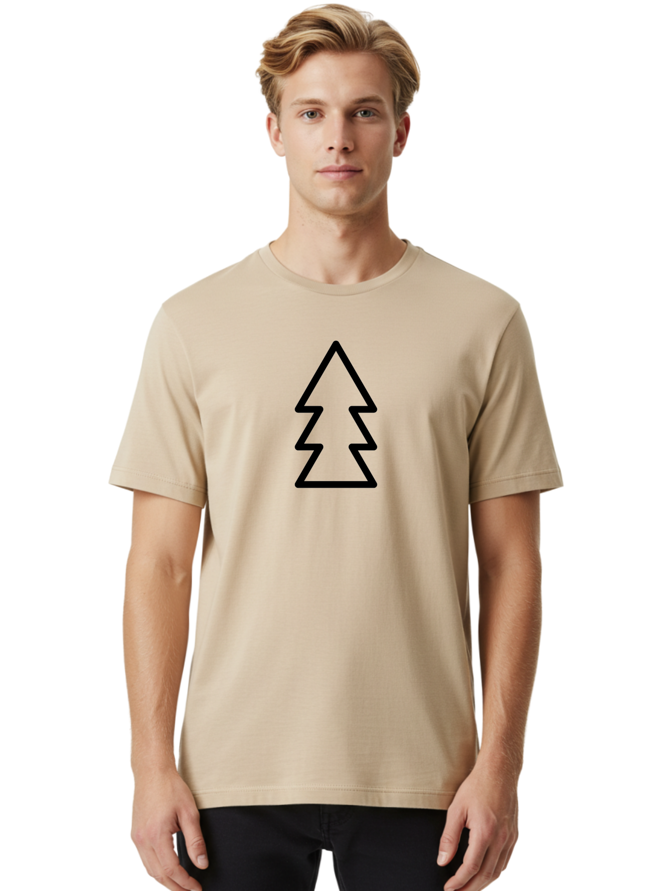 Tree-Logo Men'S Graphic Tee, 100% Cotton, Comfortable Casual Summer Wear, Machine Washable, Christmas Tree, Festive Symbol, Holiday Icon, Simple Design, Minimalist Art, Black Outline, Winter Theme - Aaa222