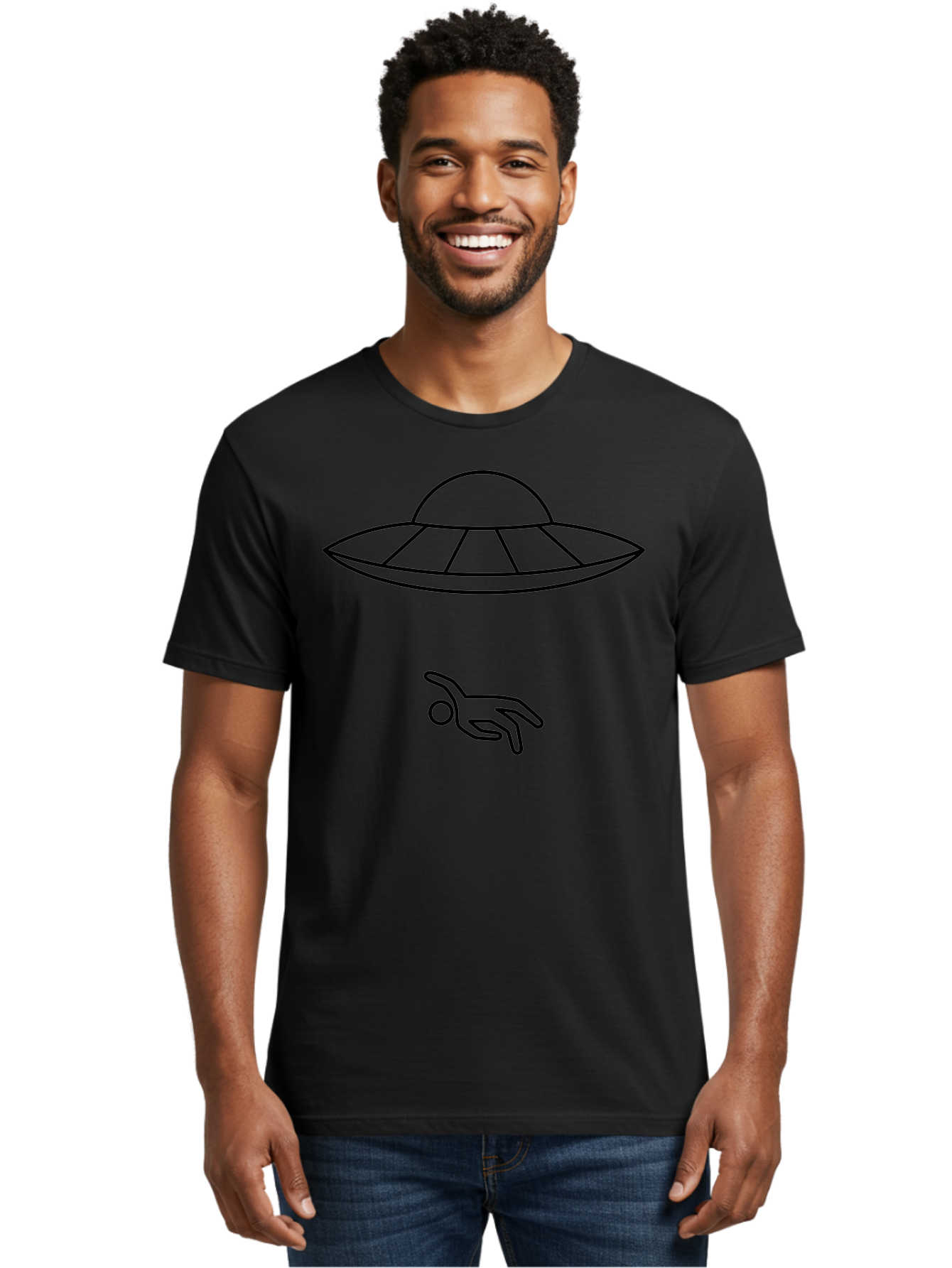 Ufo Men'S Graphic Tee, 100% Cotton, Comfortable Casual Summer Wear, Machine Washable, Ufo Sighting, Alien Encounter, Mysterious Hand, Black Outline, Simple Design, Pop Art Style, Modern Graphic, Minimalist Illustration, Outer Space, - Aaa227