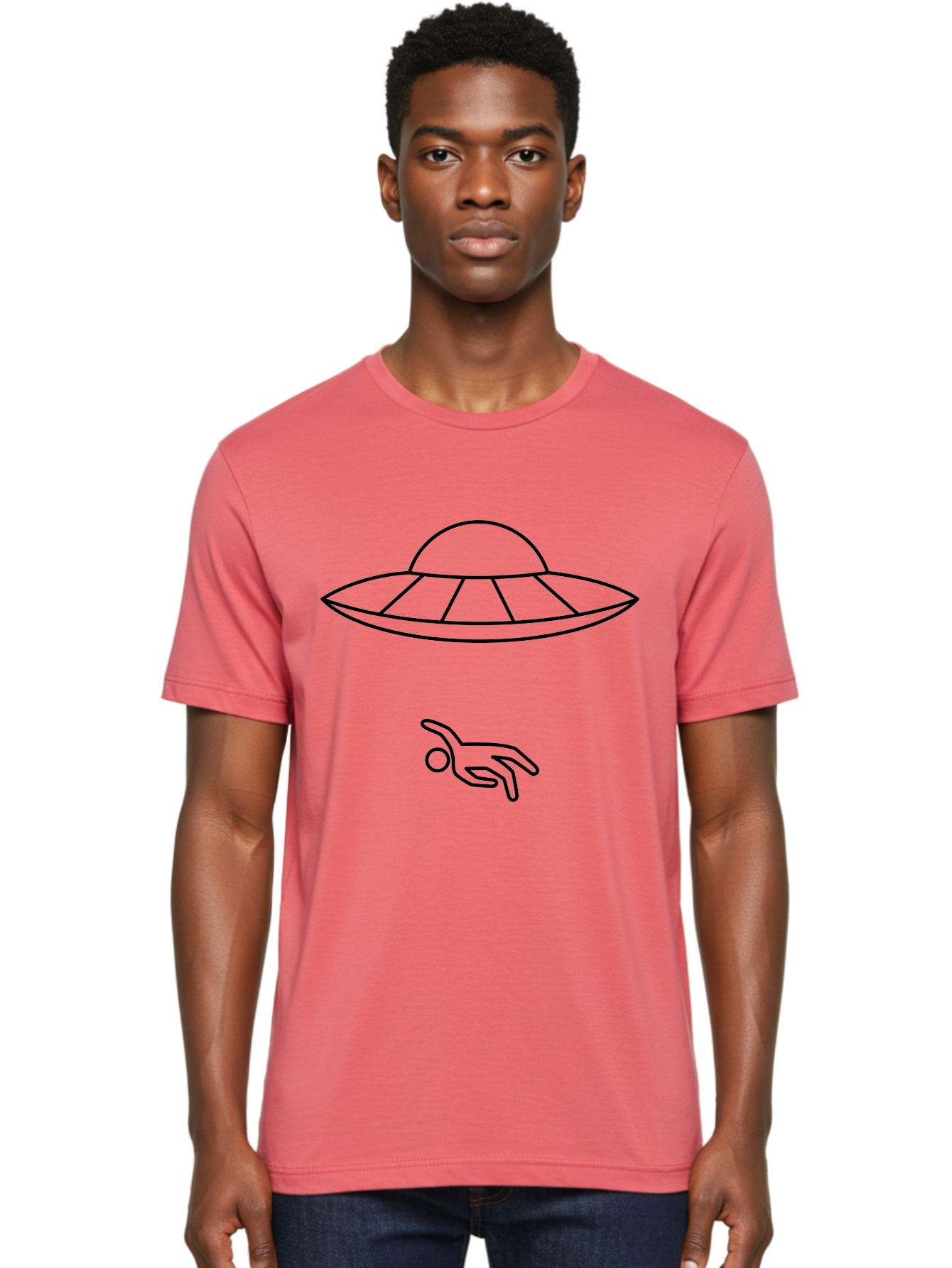 Ufo Men'S Graphic Tee, 100% Cotton, Comfortable Casual Summer Wear, Machine Washable, Ufo Sighting, Alien Encounter, Mysterious Hand, Black Outline, Simple Design, Pop Art Style, Modern Graphic, Minimalist Illustration, Outer Space, - Aaa227