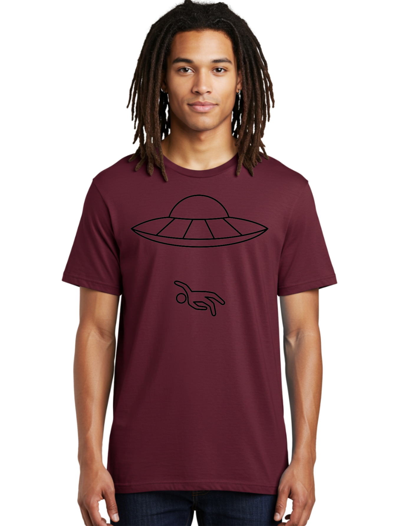 Ufo Men'S Graphic Tee, 100% Cotton, Comfortable Casual Summer Wear, Machine Washable, Ufo Sighting, Alien Encounter, Mysterious Hand, Black Outline, Simple Design, Pop Art Style, Modern Graphic, Minimalist Illustration, Outer Space, - Aaa227