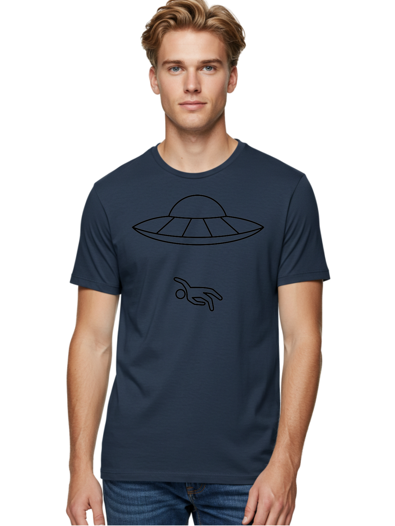 Ufo Men'S Graphic Tee, 100% Cotton, Comfortable Casual Summer Wear, Machine Washable, Ufo Sighting, Alien Encounter, Mysterious Hand, Black Outline, Simple Design, Pop Art Style, Modern Graphic, Minimalist Illustration, Outer Space, - Aaa227